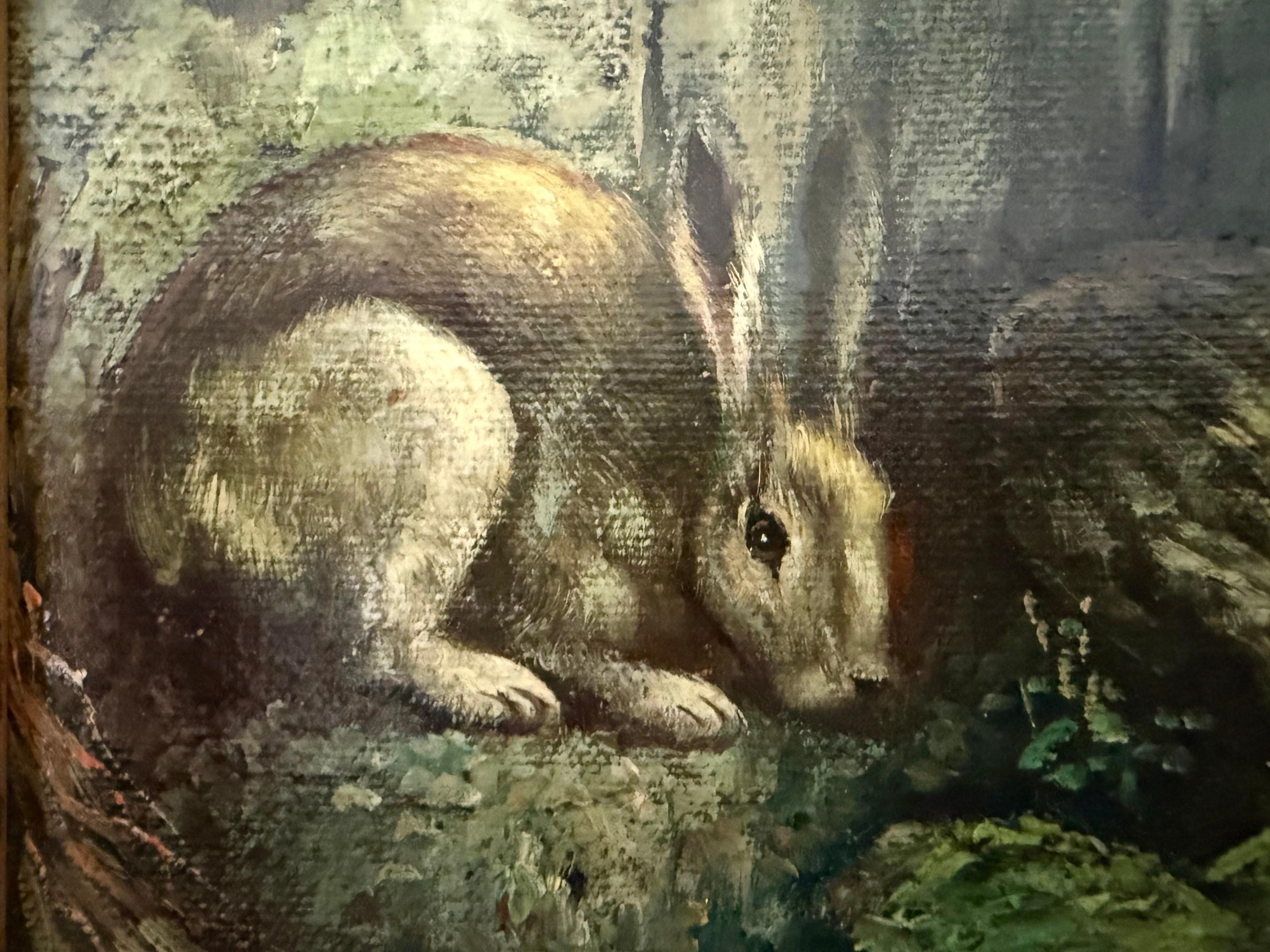 Cachorros y conejo en el jardín, óleo vintage sobre lienzo - Animal Painting Gris de Unknown