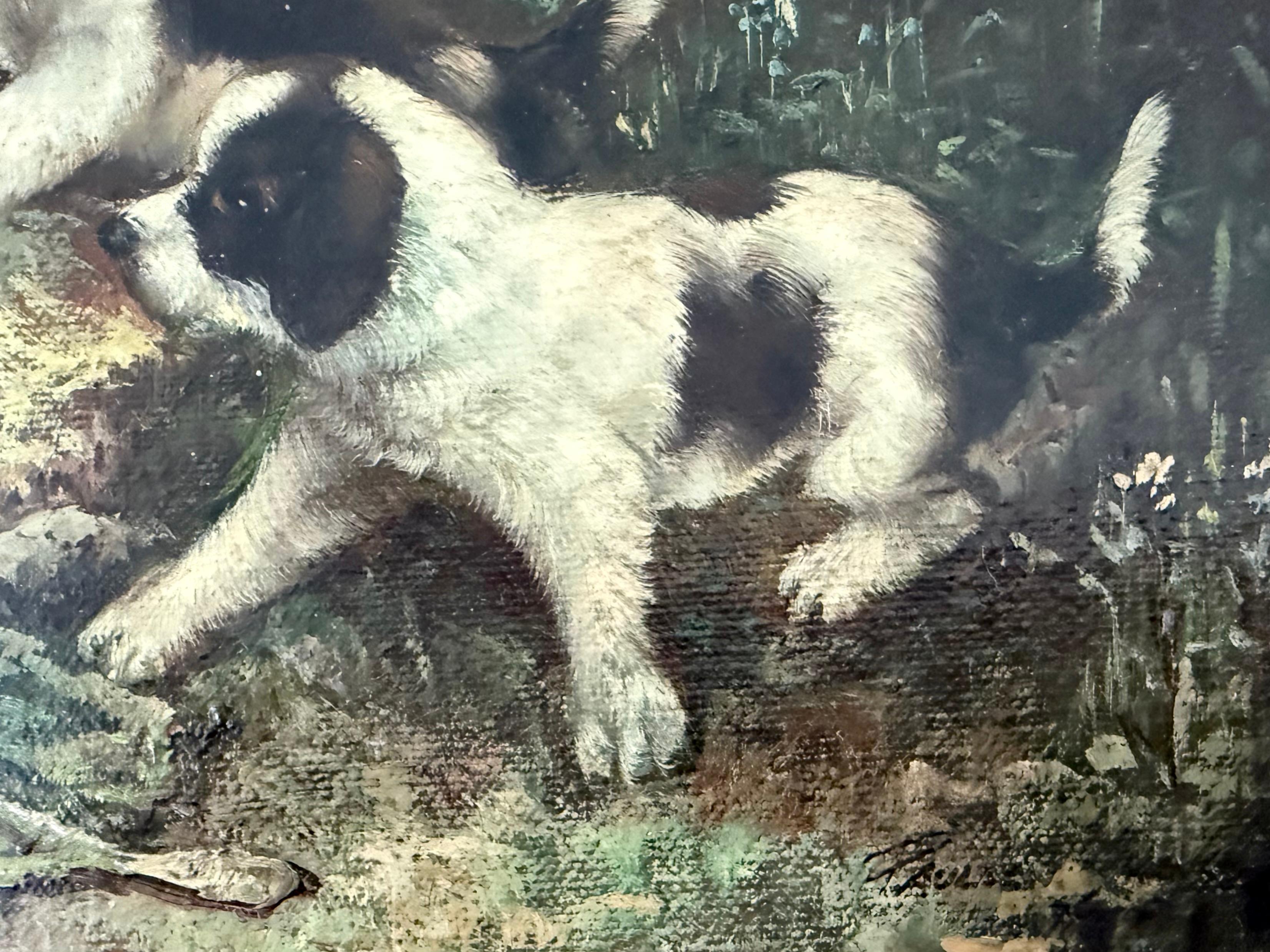 Encantadora pintura al óleo de cachorros y conejo en un huerto de coles. Con reminiscencias de los libros de cuentos, los tres animales se muestran amistosos, con un cachorro mirando al conejo y el otro mirando al espectador con ojos de cachorro. 