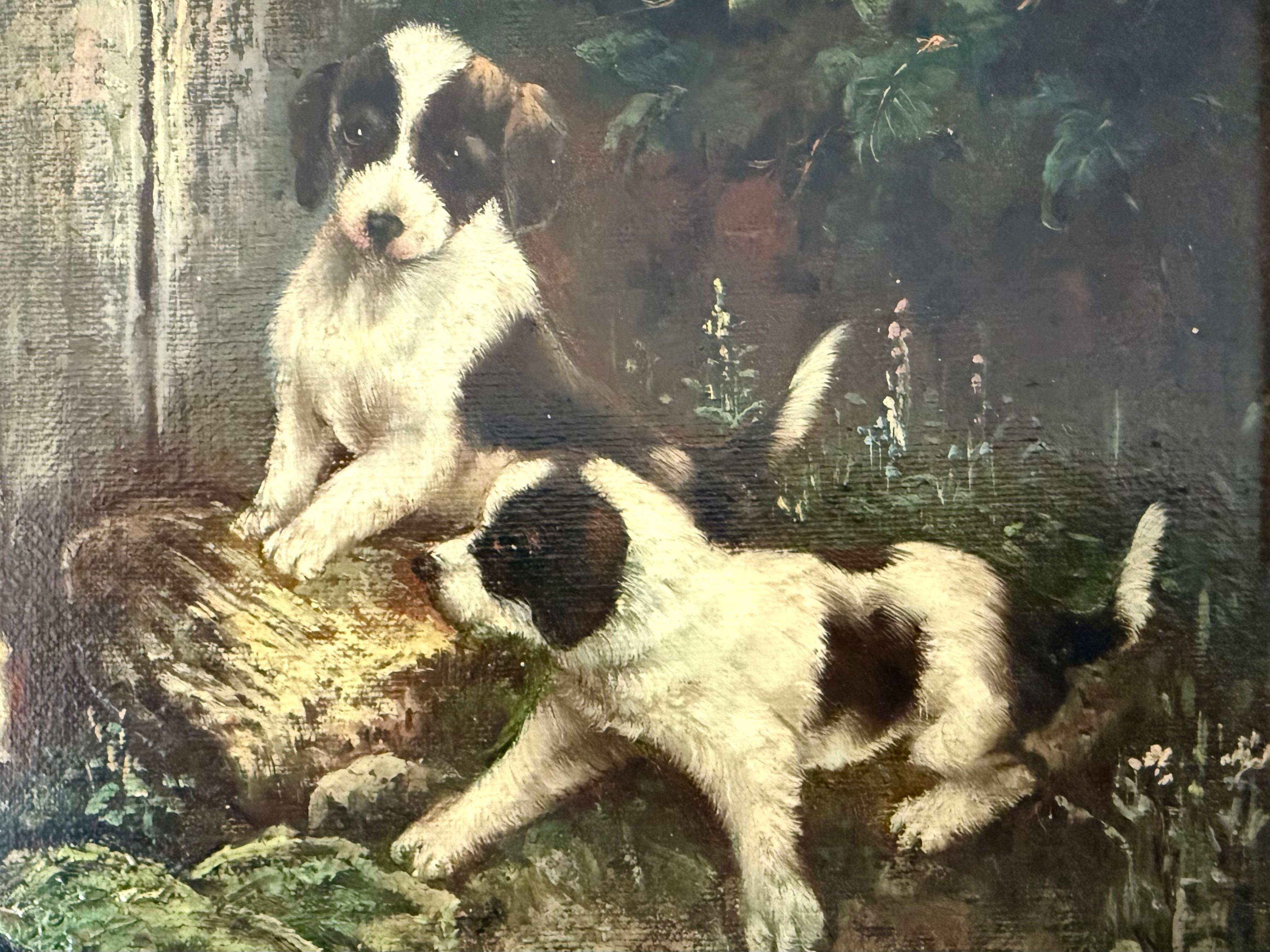 Cachorros y conejo en el jardín, óleo vintage sobre lienzo en venta 1