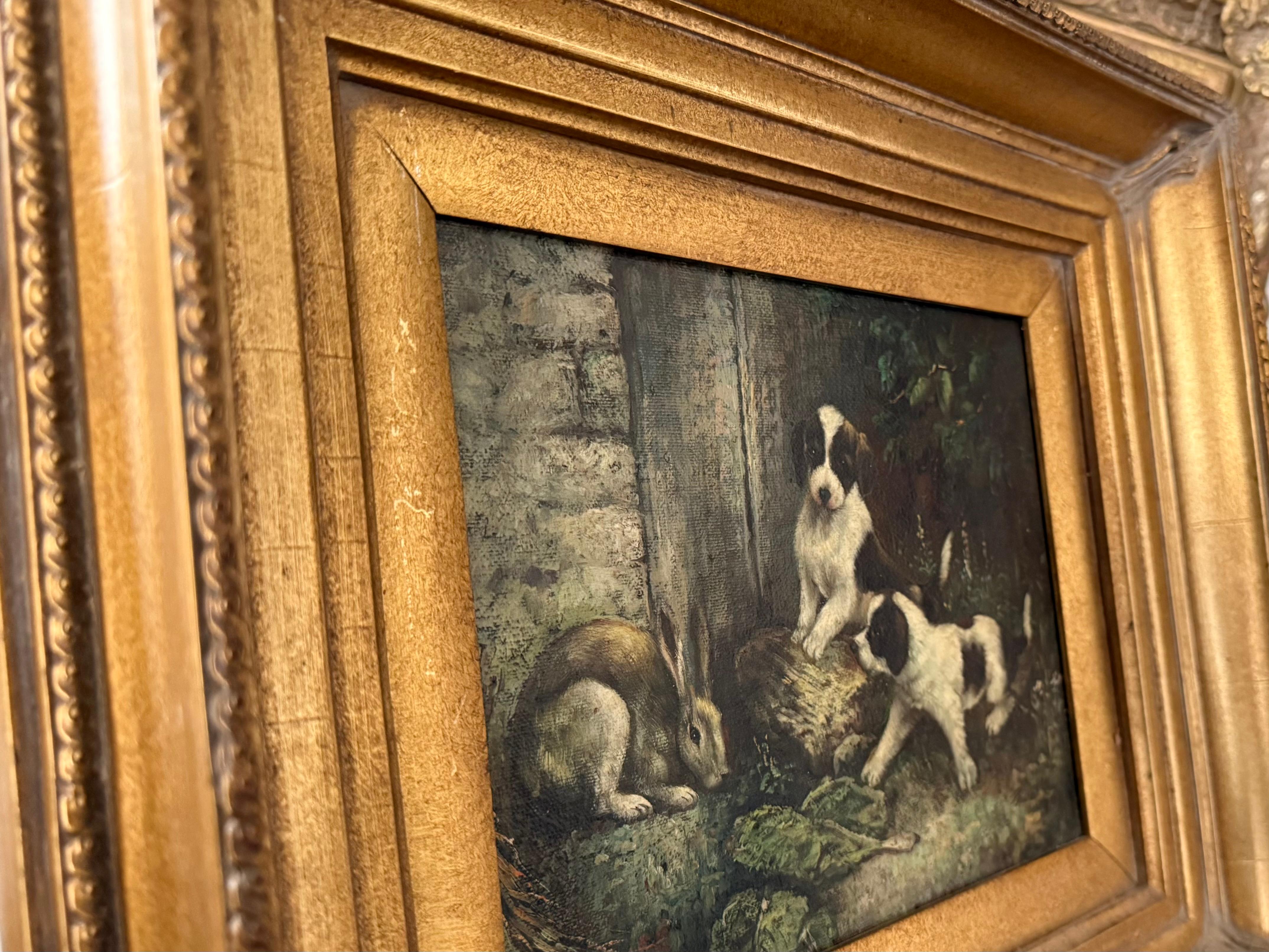 Cachorros y conejo en el jardín, óleo vintage sobre lienzo en venta 4