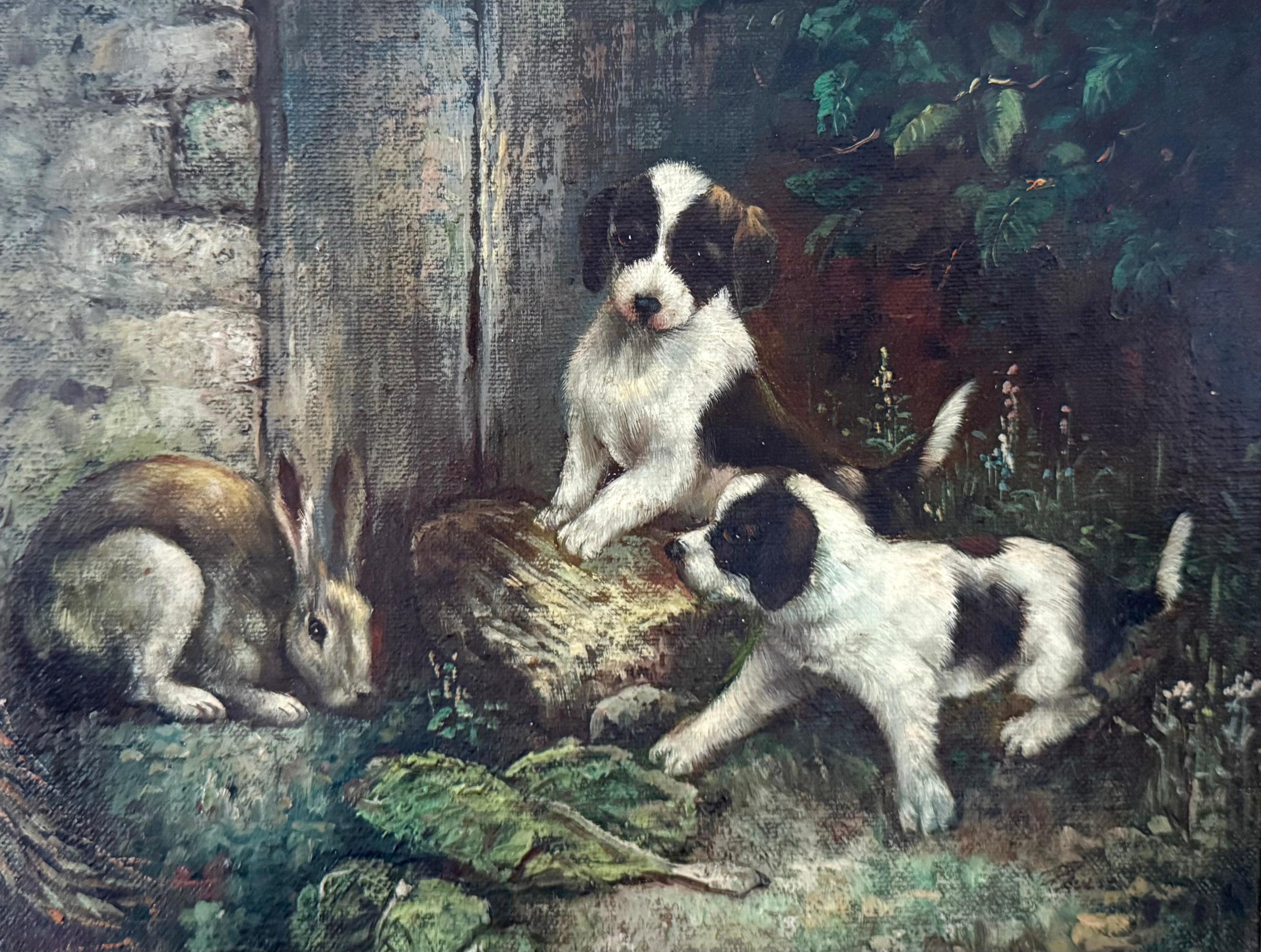 Cachorros y conejo en el jardín, óleo vintage sobre lienzo