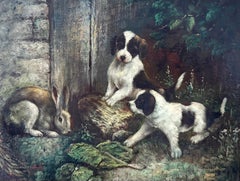 Cachorros y conejo en el jardín, óleo vintage sobre lienzo