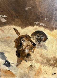Puppies staring, original oil on canvas, Impressionist French School late 20th