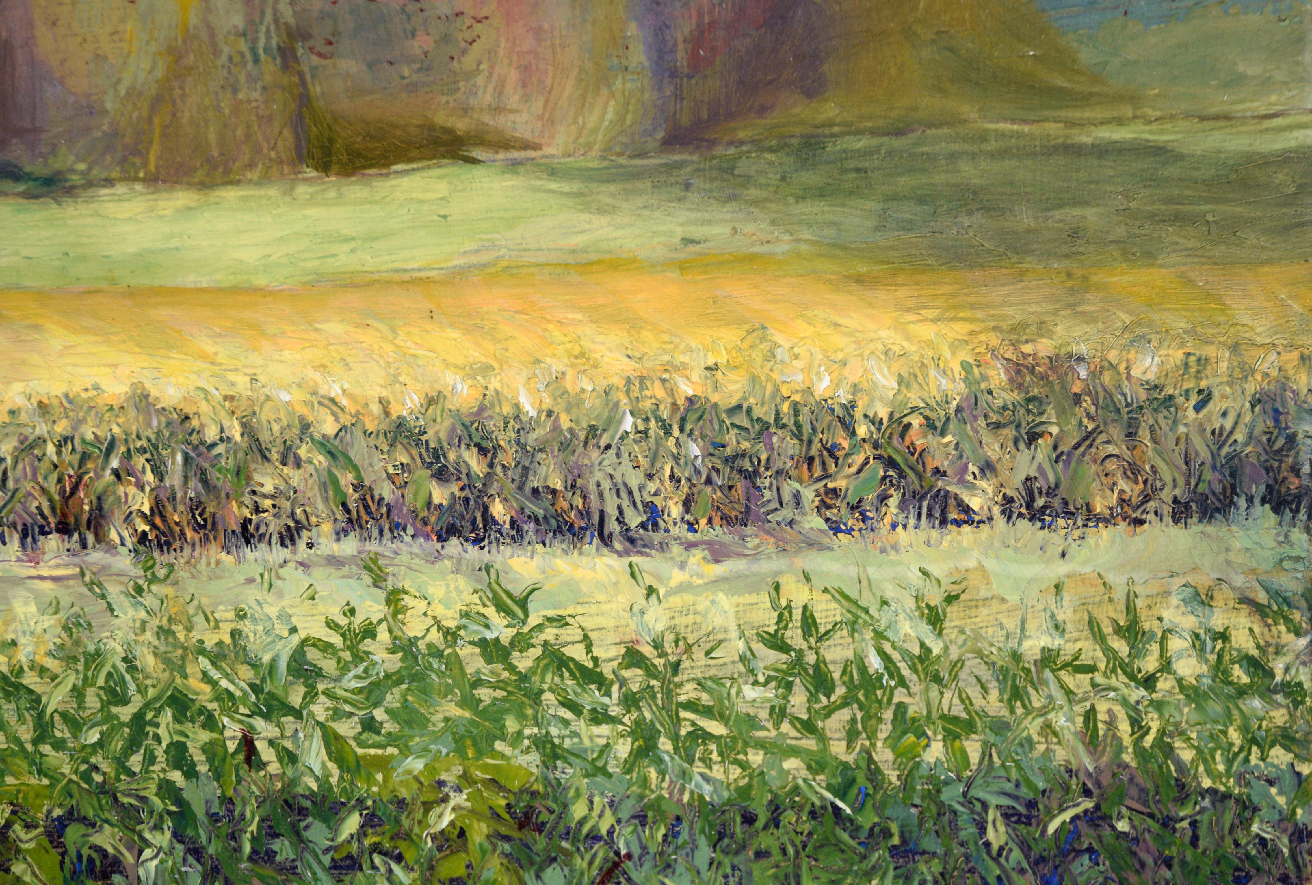 Purple Clouds Above Cornfields on the Farm - Landscape in Oil on Masonite For Sale 2