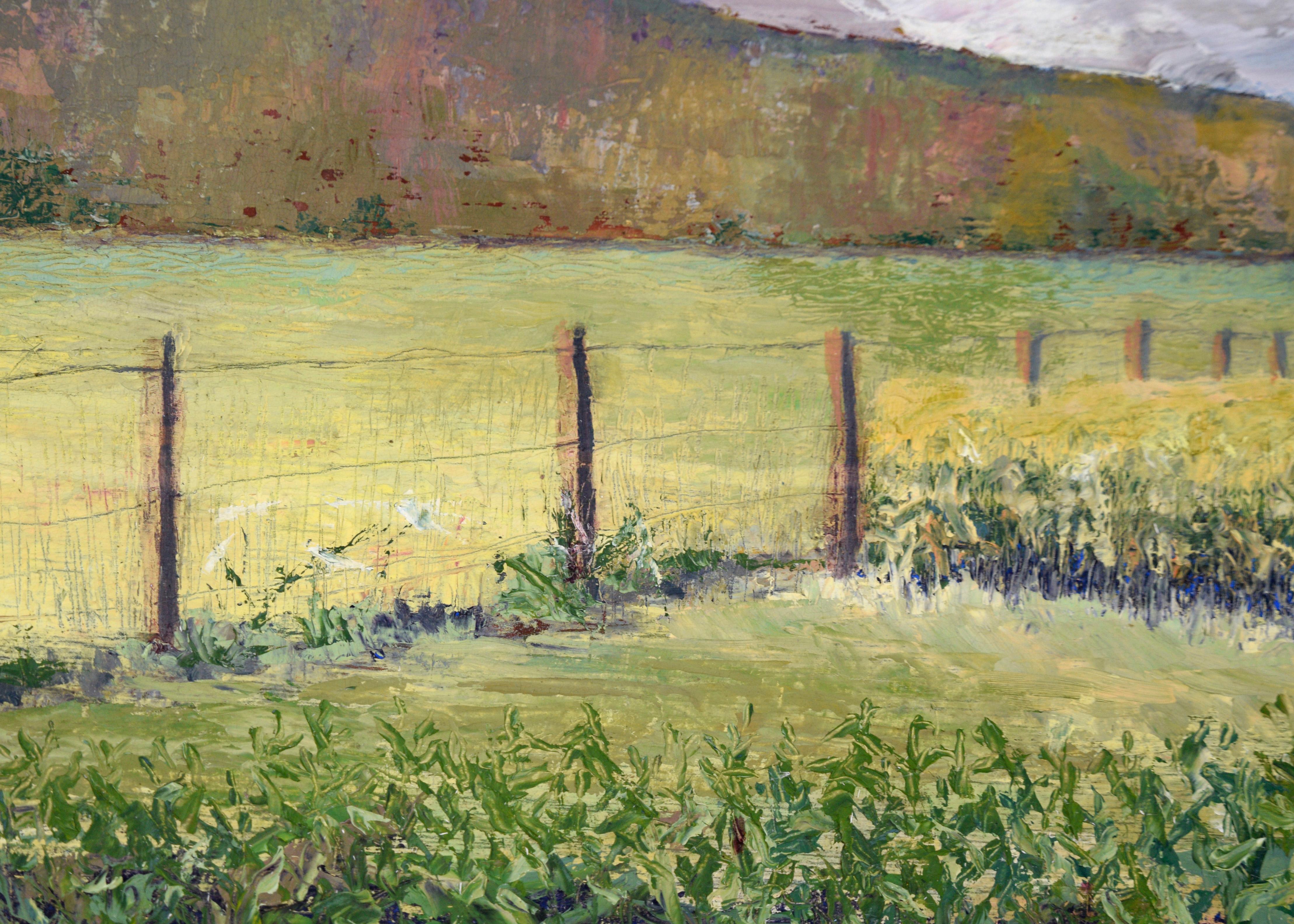 Purple Clouds Above Cornfields on the Farm - Landscape in Oil on Masonite For Sale 3