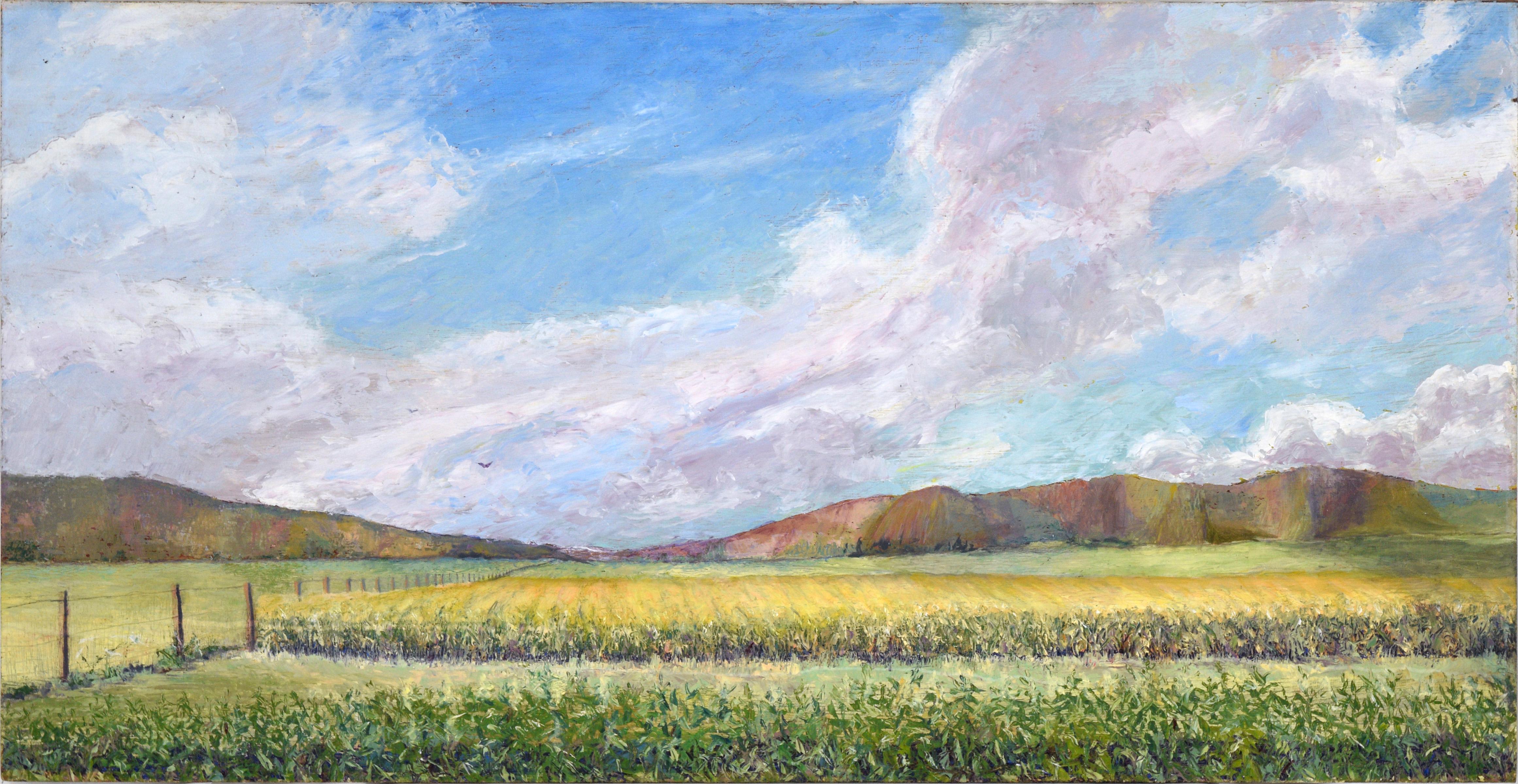 Unknown Landscape Painting - Purple Clouds Above Cornfields on the Farm - Landscape in Oil on Masonite