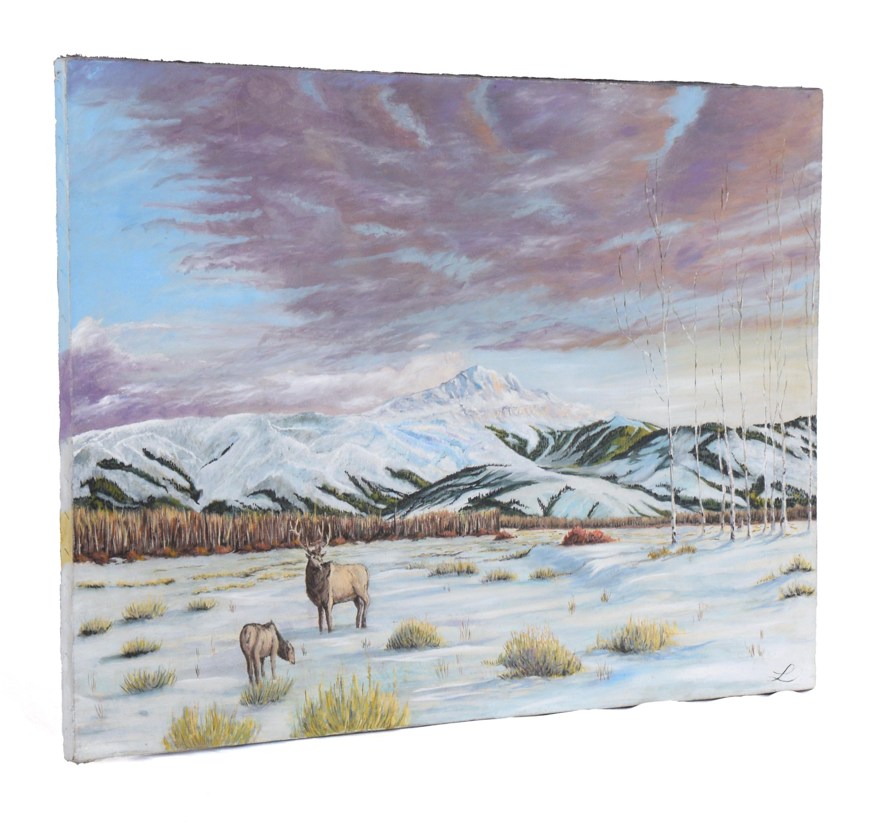 Purple Clouds Over Snow Covered Mountains - Winter Landscape in Acrylic For Sale 6