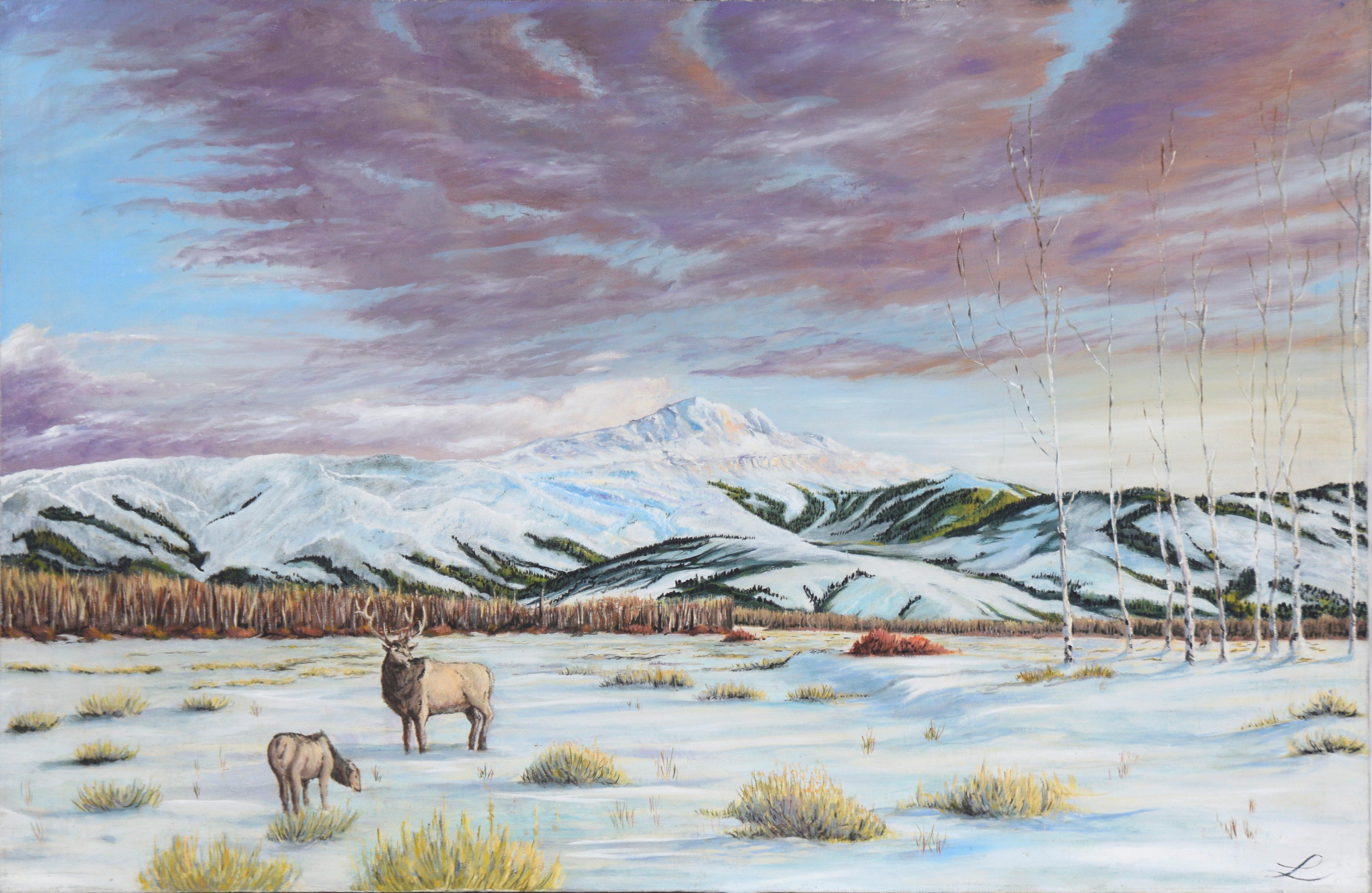 Unknown Animal Painting - Purple Clouds Over Snow Covered Mountains - Winter Landscape in Acrylic