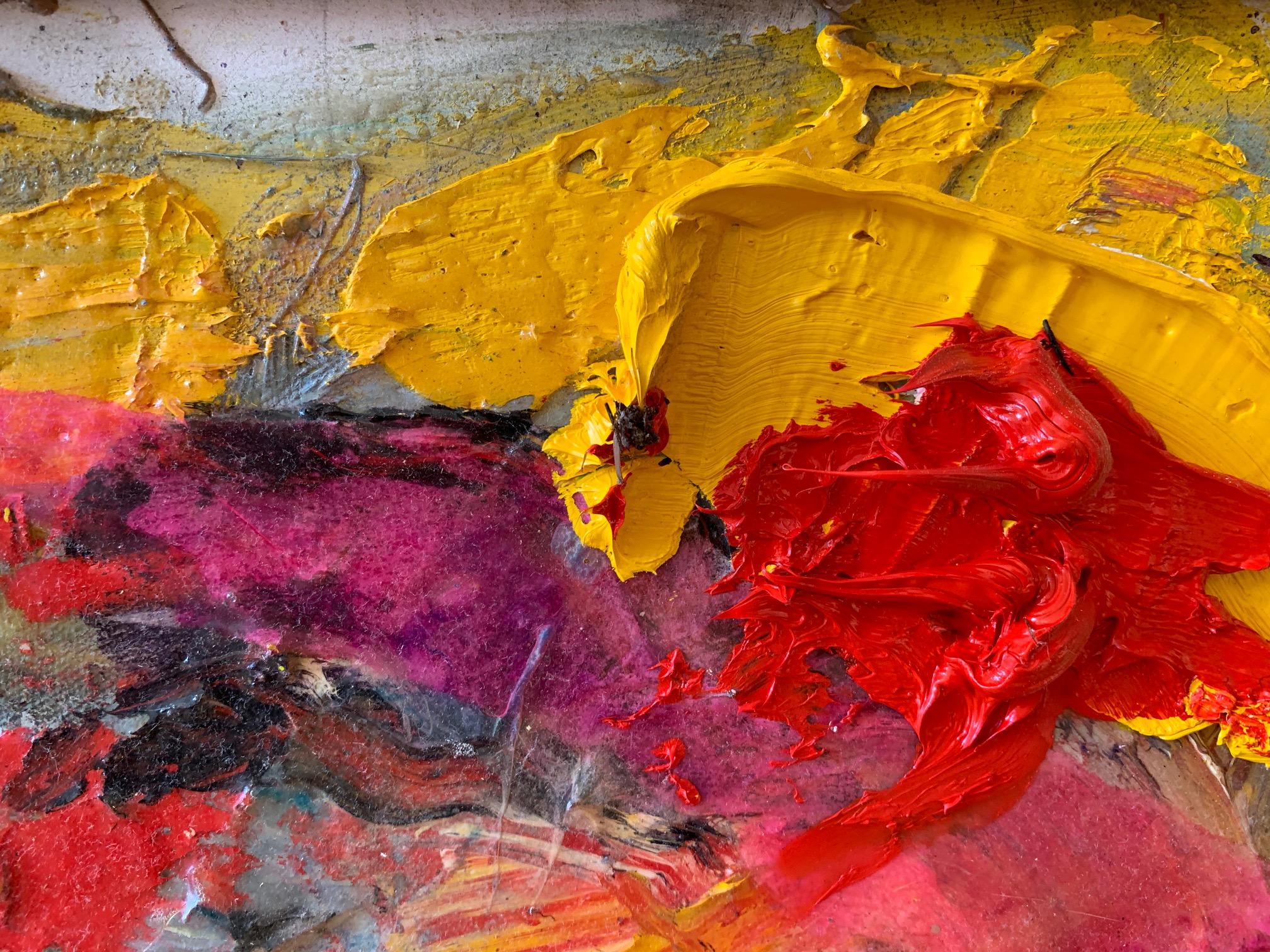 Purple Yellow Red Contemporary Abstract Oil On Board by Steven - Painting by Steven H. Rehfeld