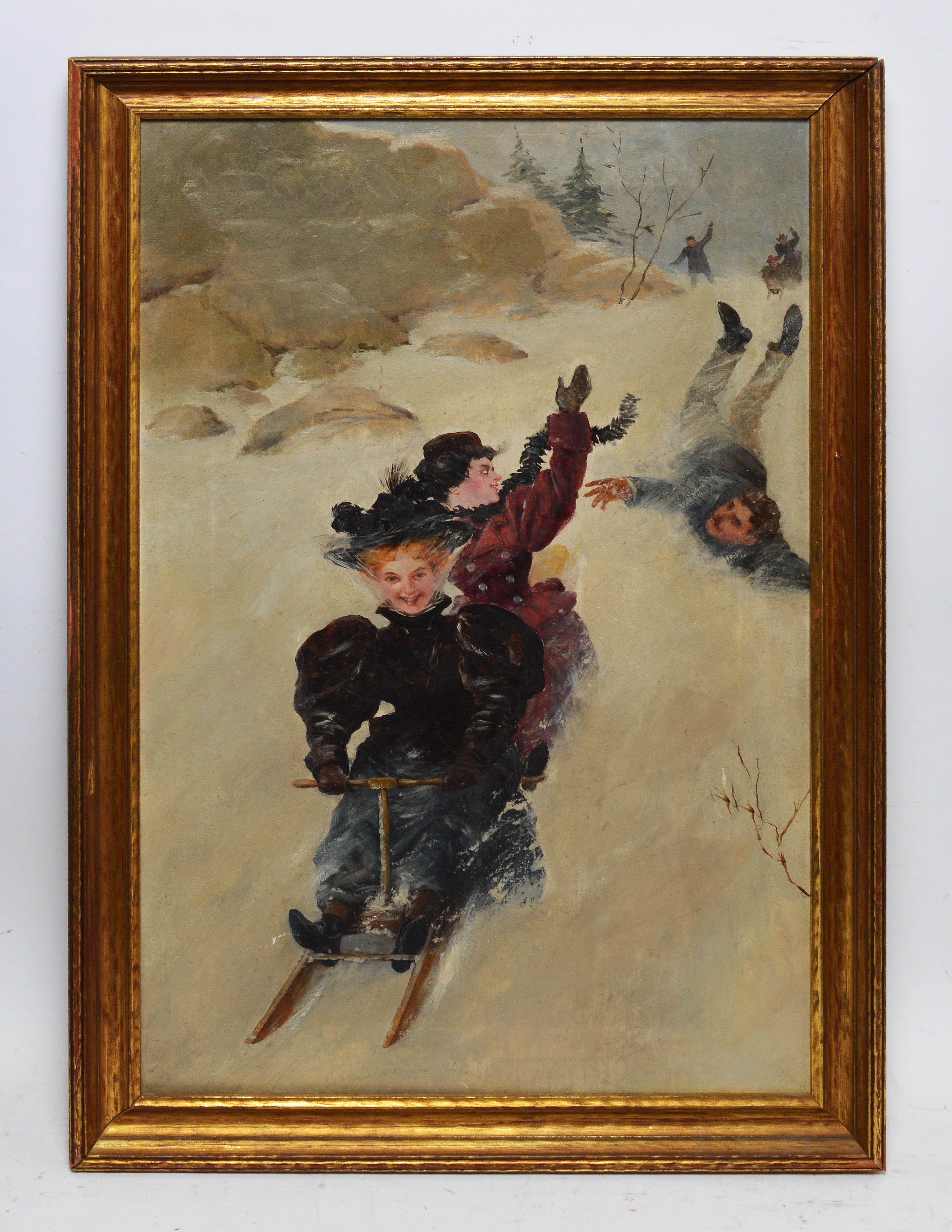 Pushing the Sled, American School Winter Impressionist Oil Painting - Brown Figurative Painting by Unknown