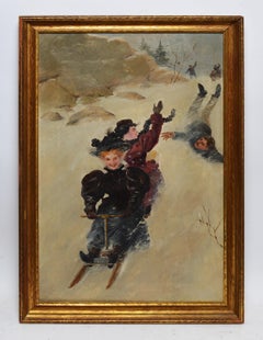Pushing the Sled, American School Winter Impressionist Oil Painting