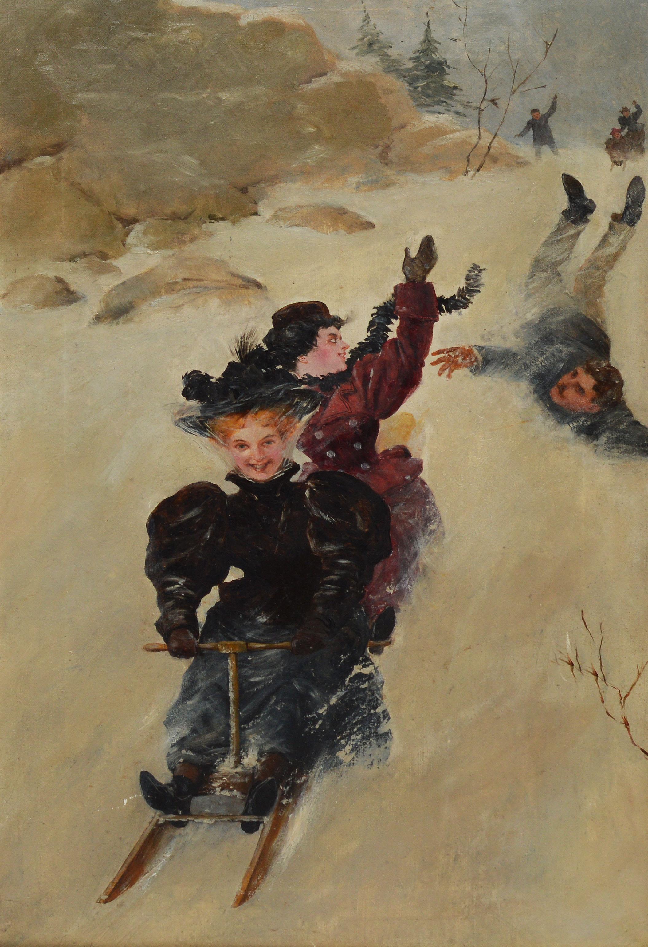 American School impressionist view of sledding.  Oil on canvas, circa 1890.  Unsigned.  Displayed in a giltwood frame.  Image size, 15
