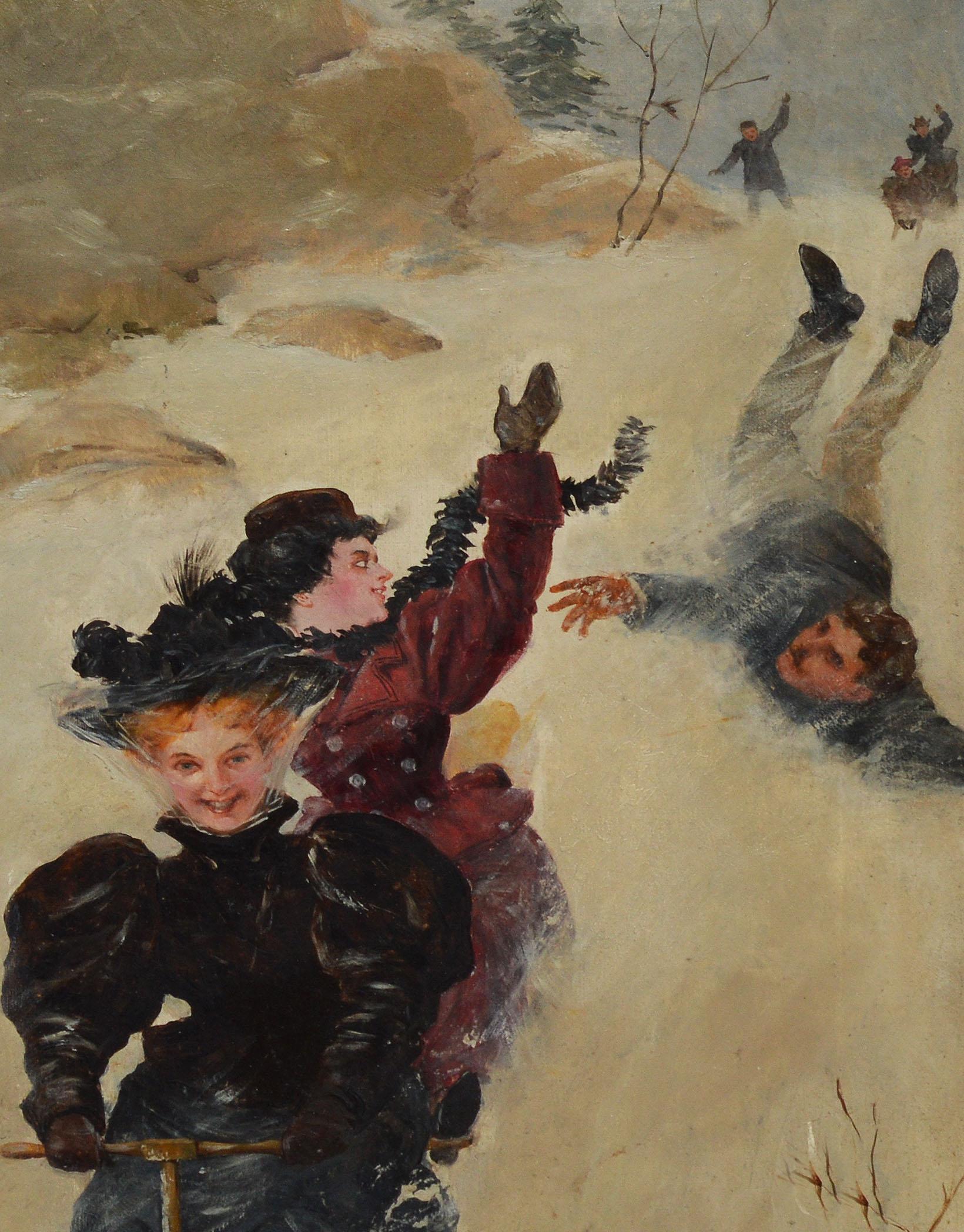 Pushing the Sled, American School Winter Impressionist Oil Painting 1