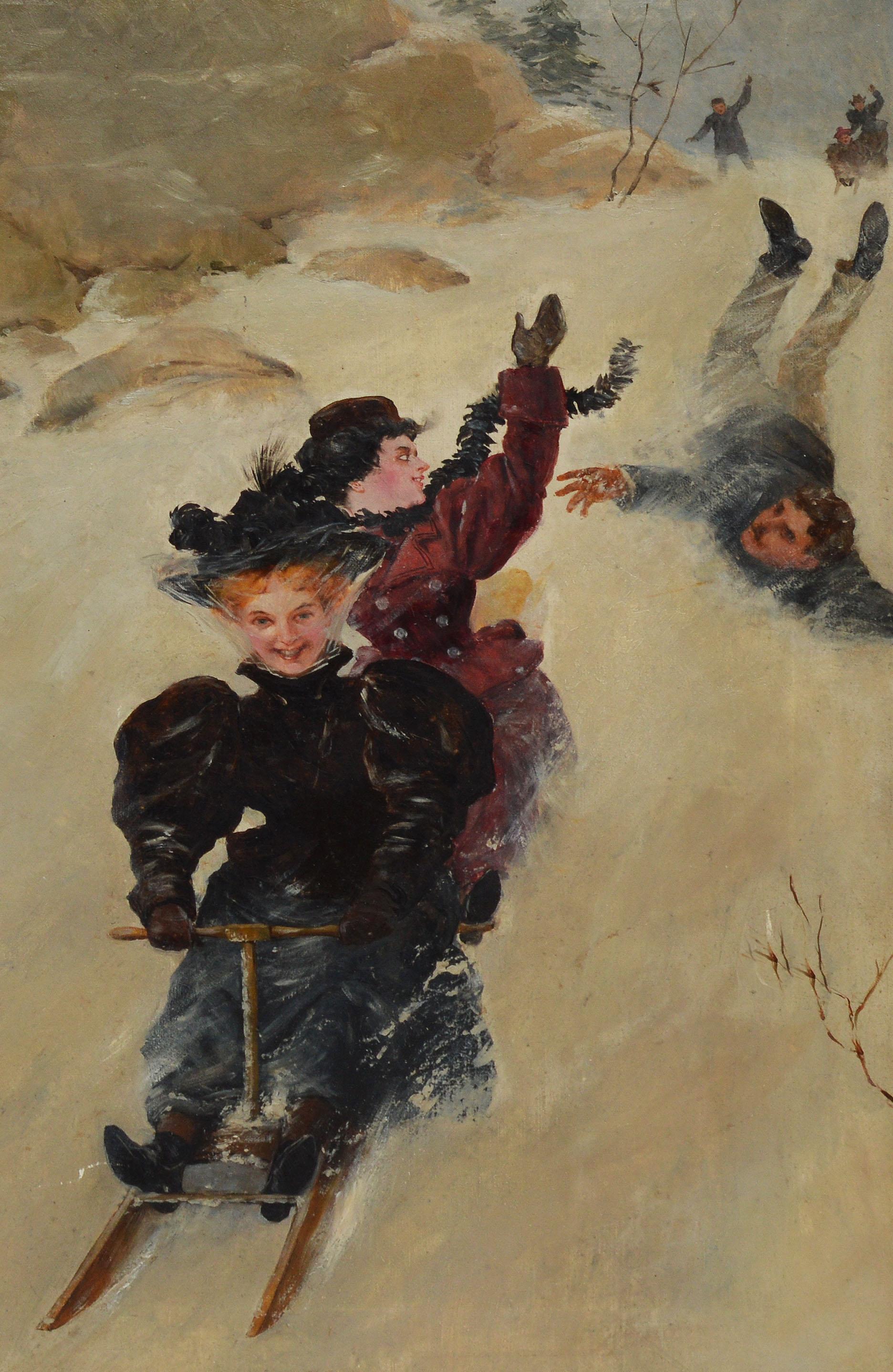 Pushing the Sled, American School Winter Impressionist Oil Painting 2