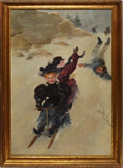 Antique Pushing the Sled, American School Winter Impressionist Oil Painting