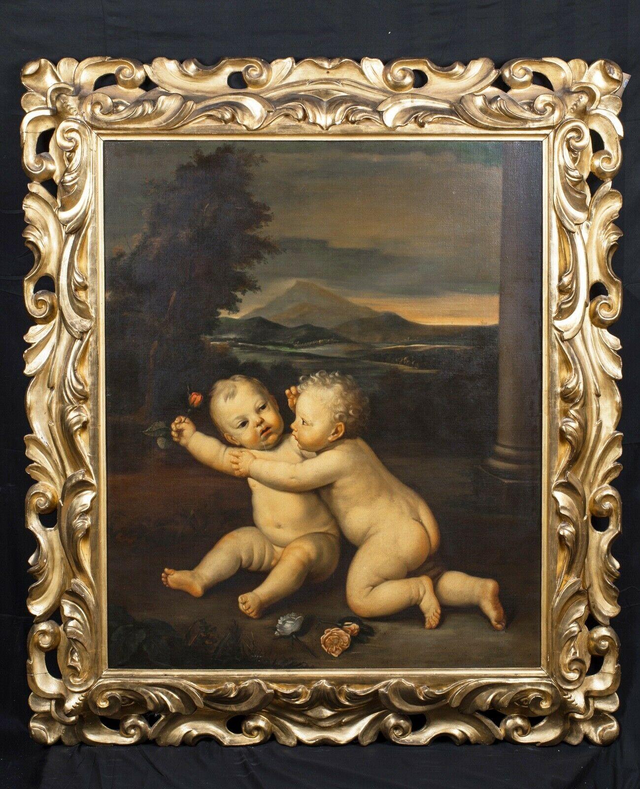 Putto Playing, 19th Century Bolognese School - Huge Work - Painting by Unknown