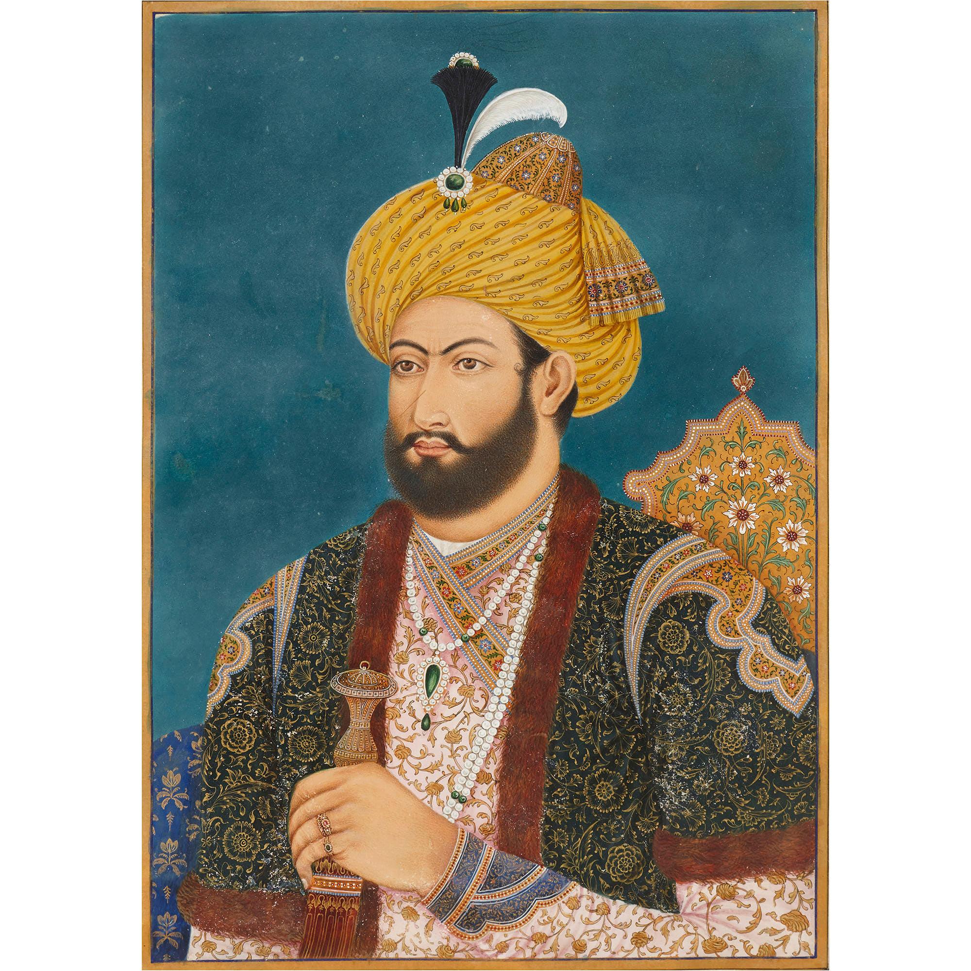 Qajar period tempera portrait of a Persian dignitary - Painting by Unknown