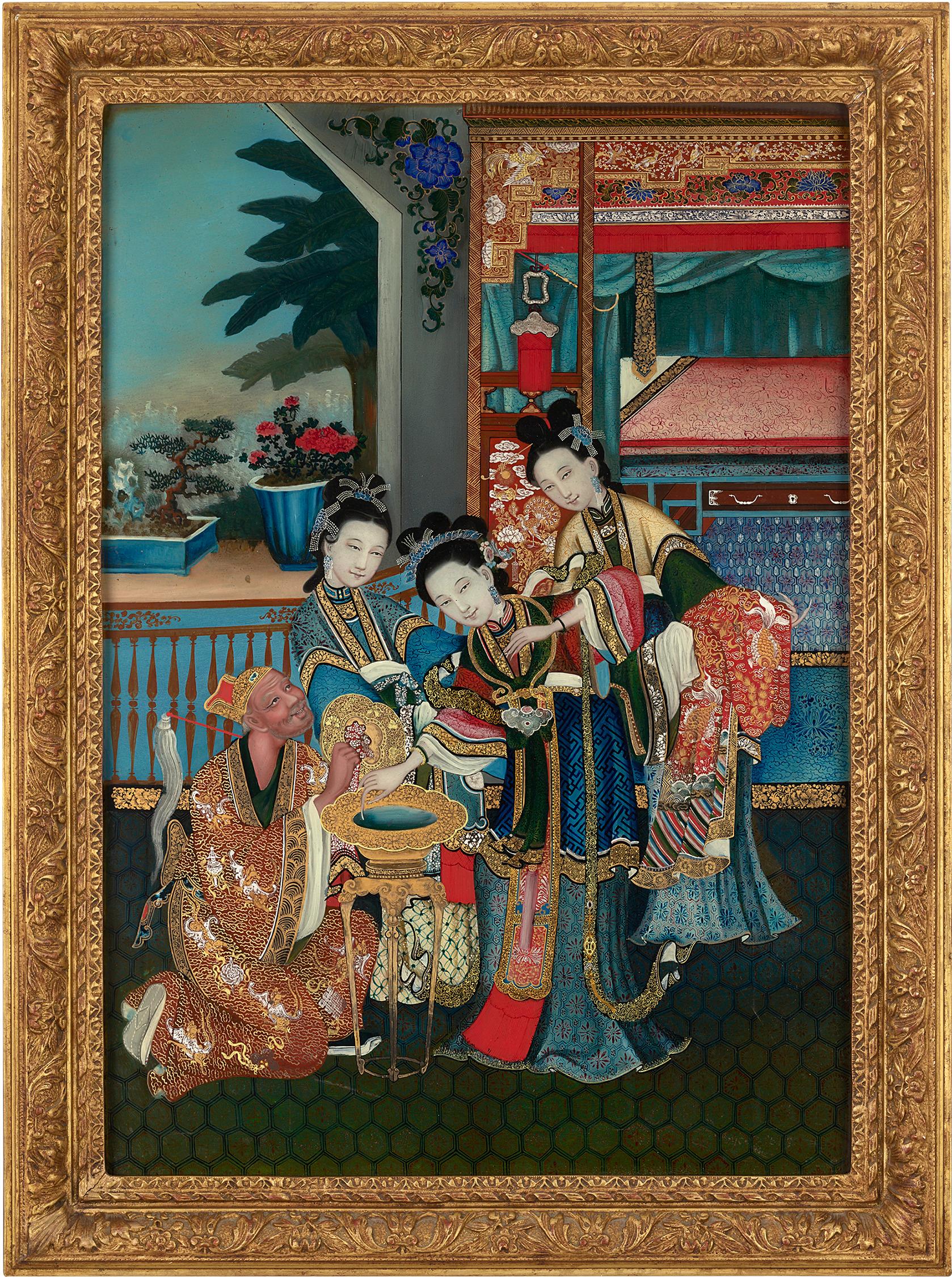Le verre remplace la toile dans cette peinture sur verre inversé de la dynastie Qing datant du XIXe siècle. Les peintres et calligraphes chinois ont commencé à peindre à l'huile sur verre au milieu du 18e siècle, et cette technique exigeait une