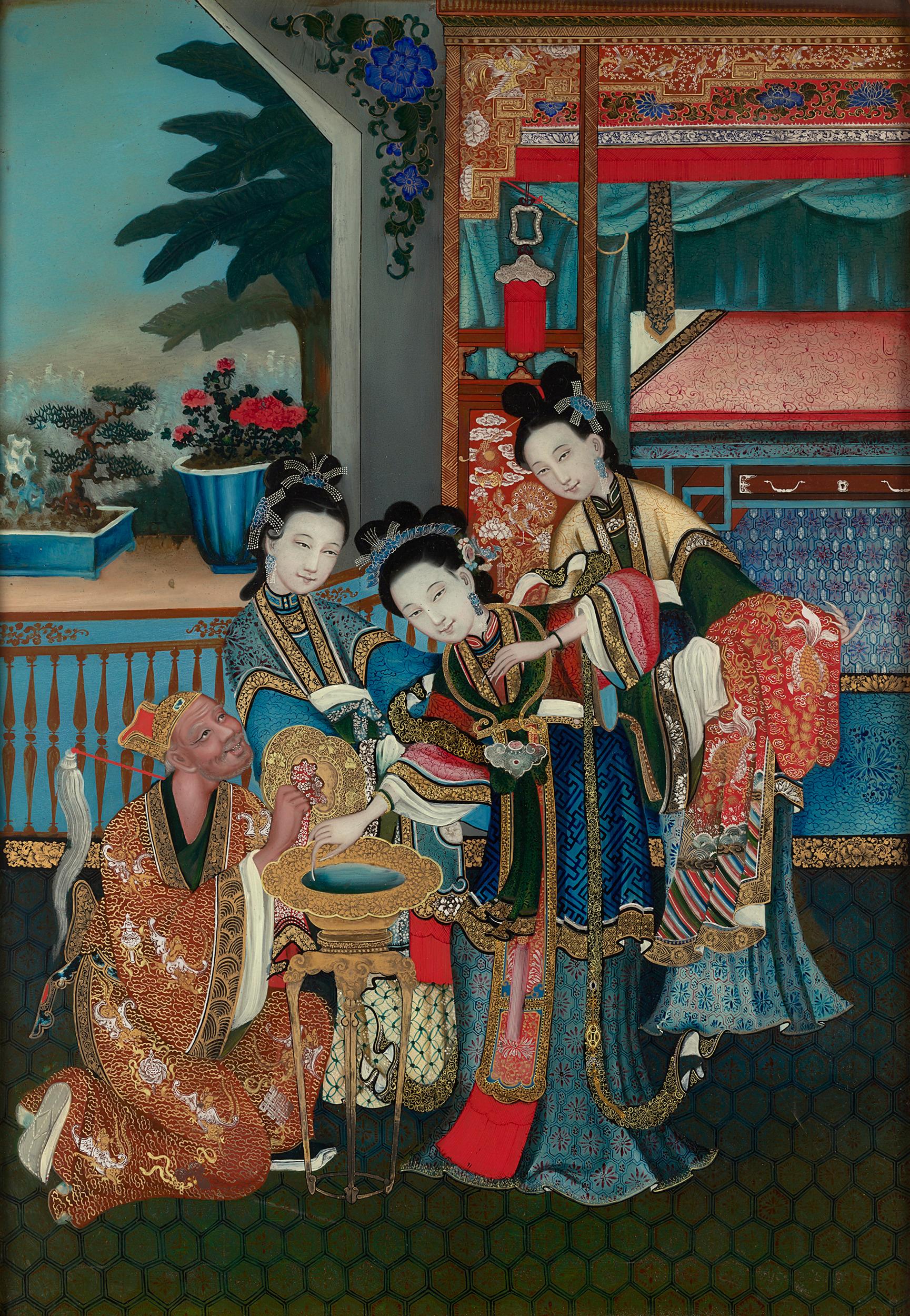 Peinture sur verre inversé chinoise de la dynastie Qing - Painting de Unknown