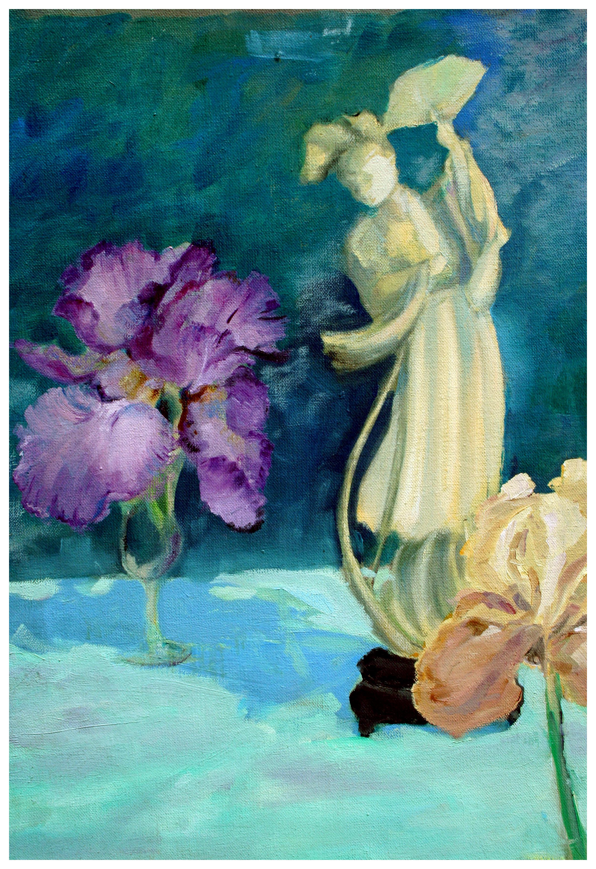 Quan Yin Statue and Bearded Irises Still Life - Painting by Unknown