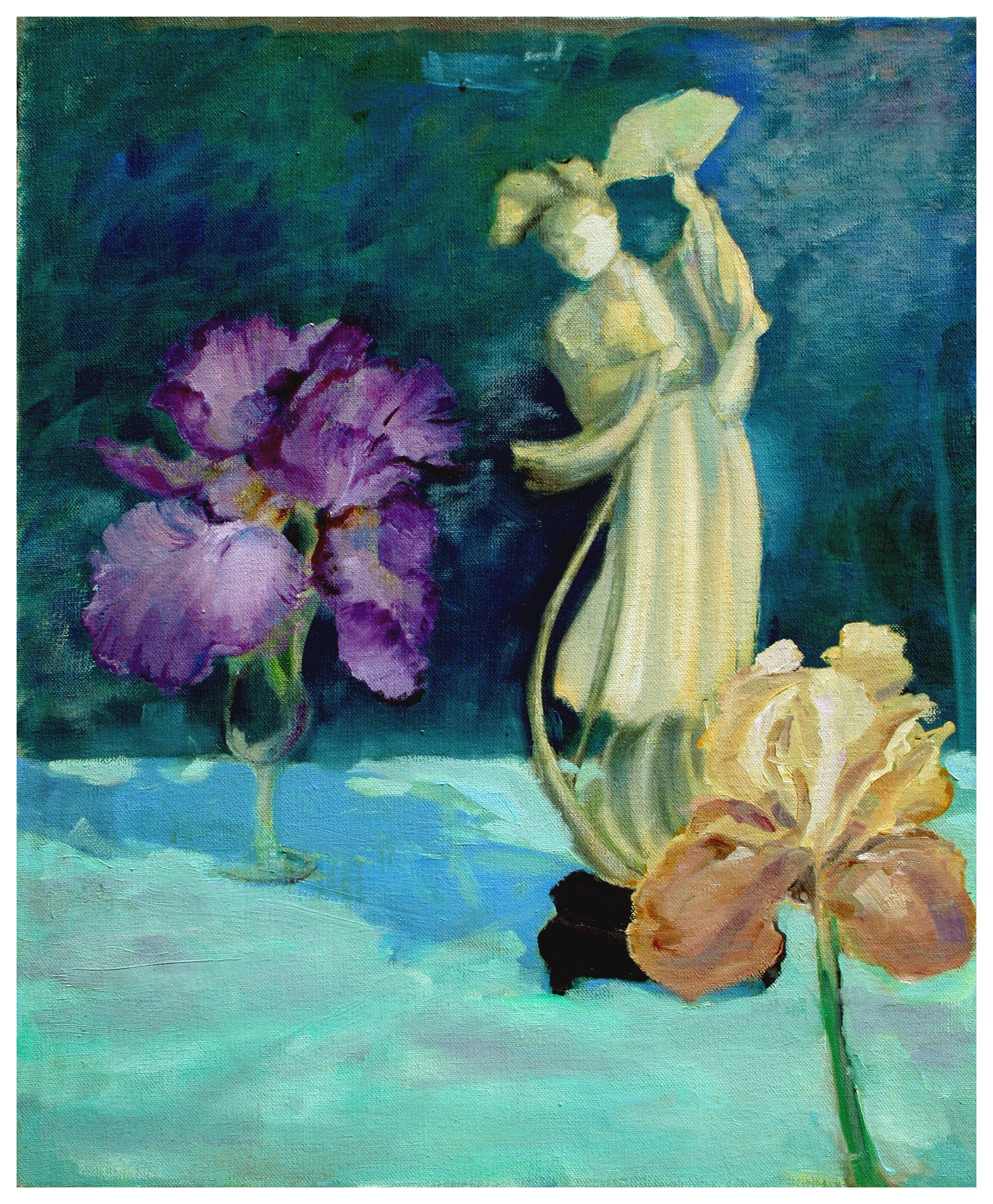 Unknown Interior Painting - Quan Yin Statue and Bearded Irises Still Life