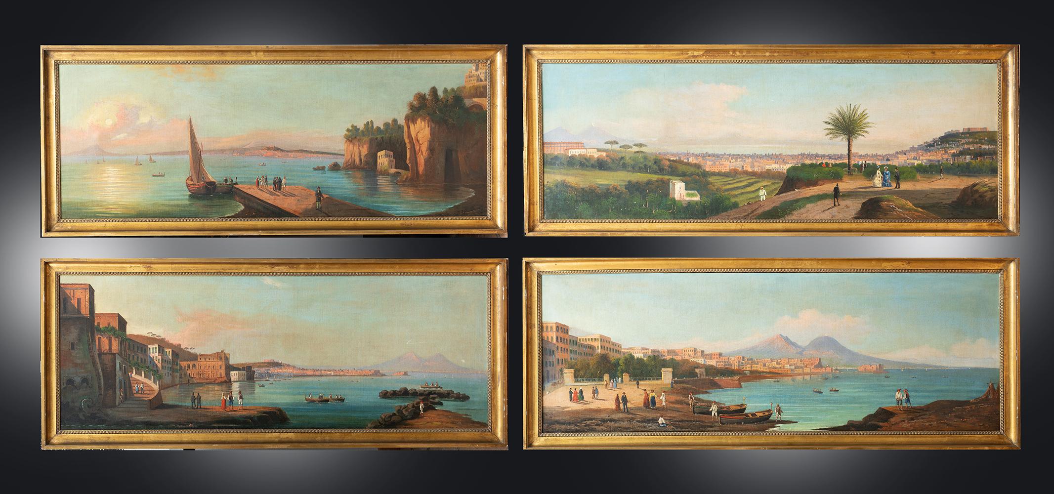 Landscape Painting Unknown - Quatre vues anciennes de Naples à l'huile sur toile 19sec.