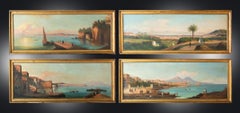 Quatre vues anciennes de Naples à l'huile sur toile 19sec.