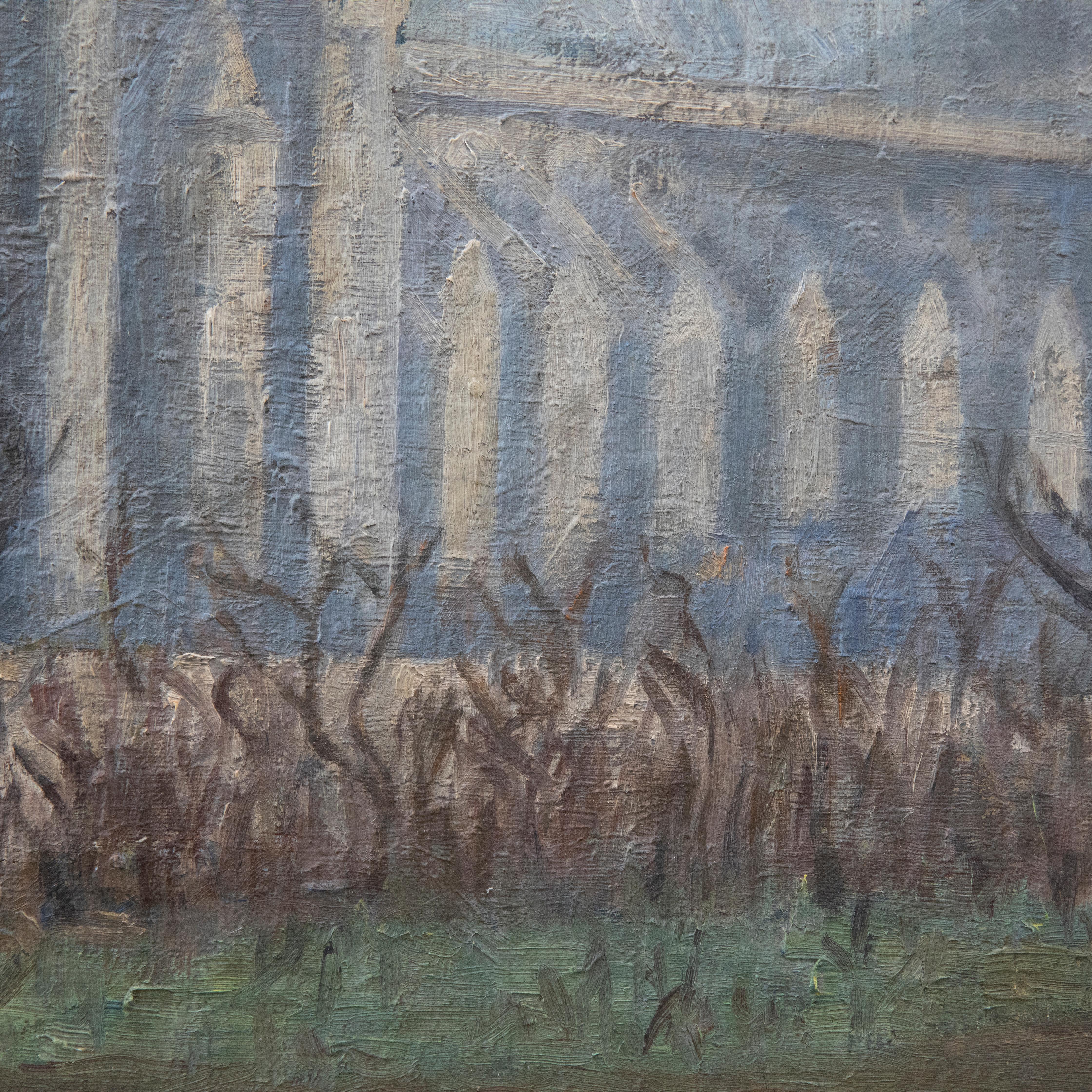 A wonderful mid-century study of Notre Dame Cathedral, standing ominous behind winter trees in RenÃ© Viviani Square. The artist has captured only the most essential forms in a restrictive palette of colours. Signed to the lower right. On canvas on