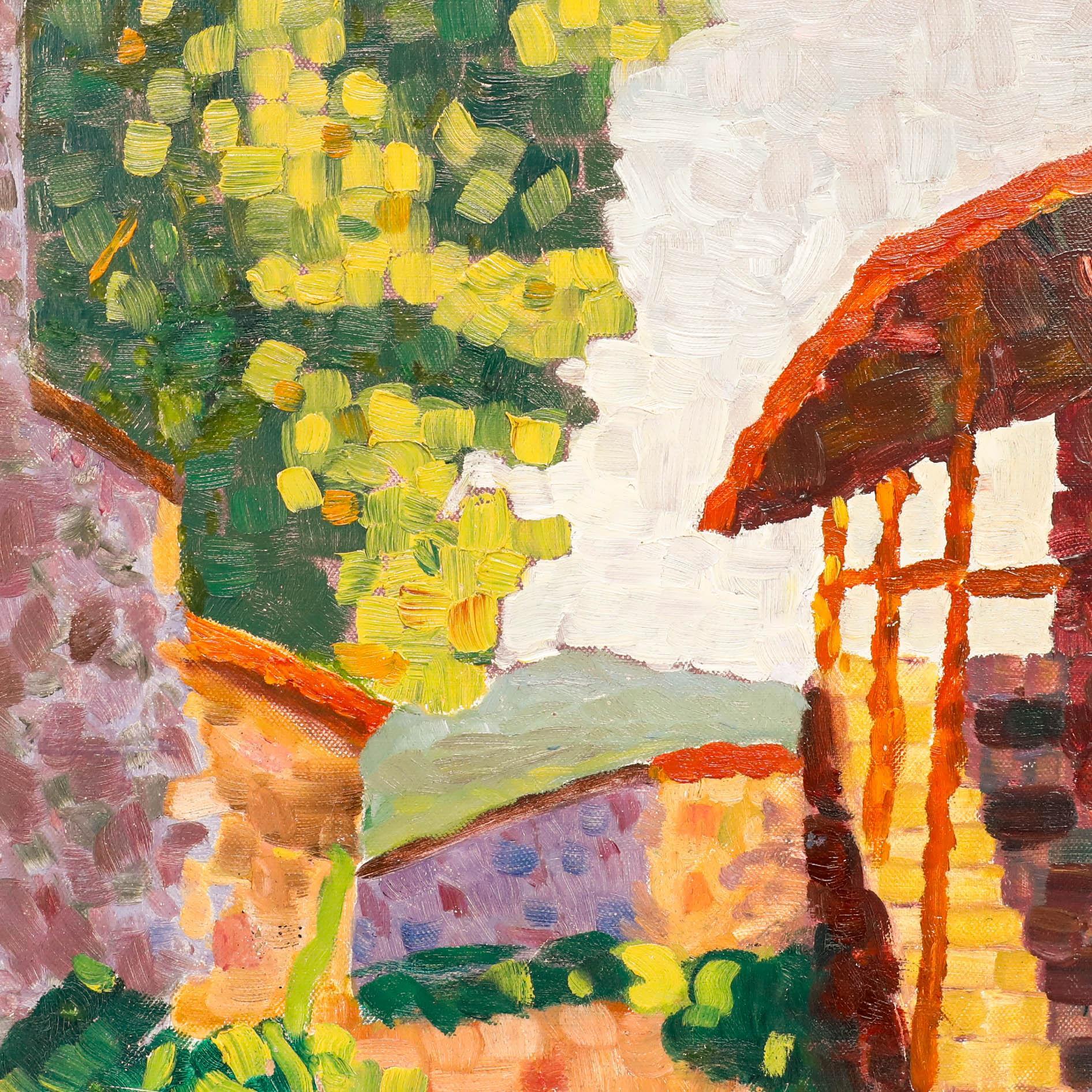 Pointillist, oil on canvas board. Signed by the artist in the lower right corner and dated 1929. On canvas on stretchers. 