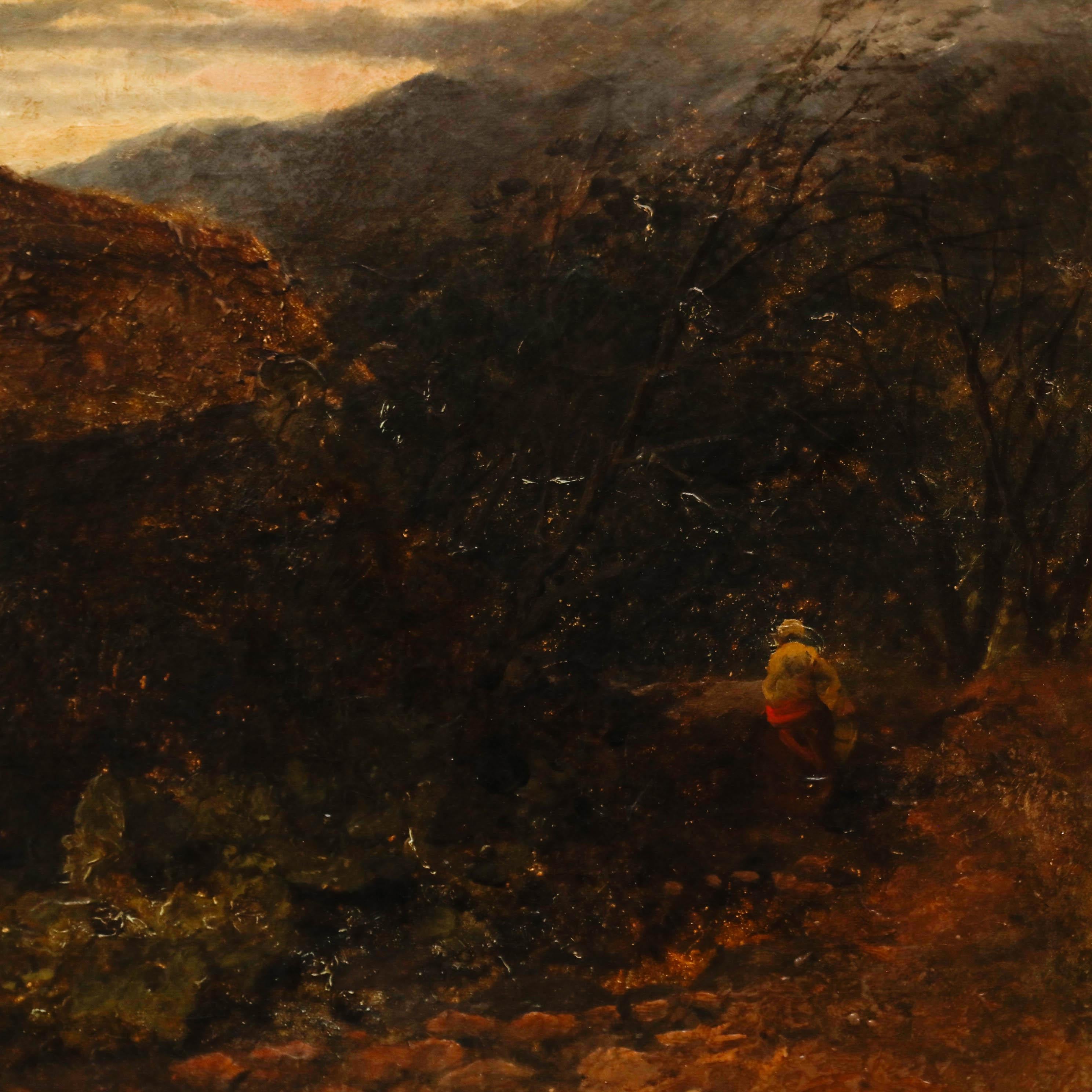 Un encantador paisaje al óleo al atardecer, con una figura cerca de un viejo molino de agua. Bien presentado en un slip dorado de época. Firmado en la parte inferior izquierda y fechado en 1881. En el tablero. 