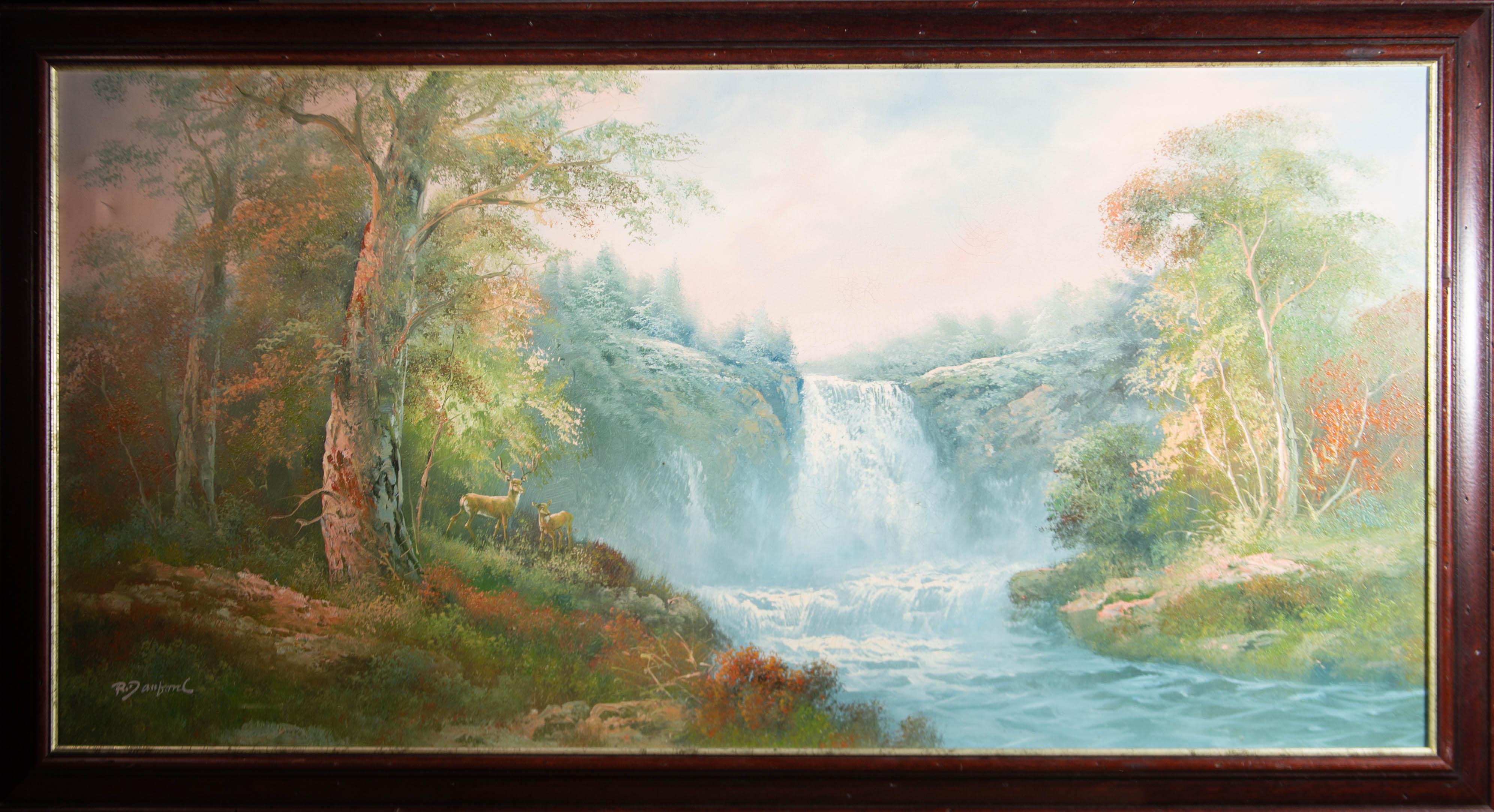 Landscape Painting Unknown - R. Danford - Huile du milieu du 20e siècle:: Cerf près des chutes