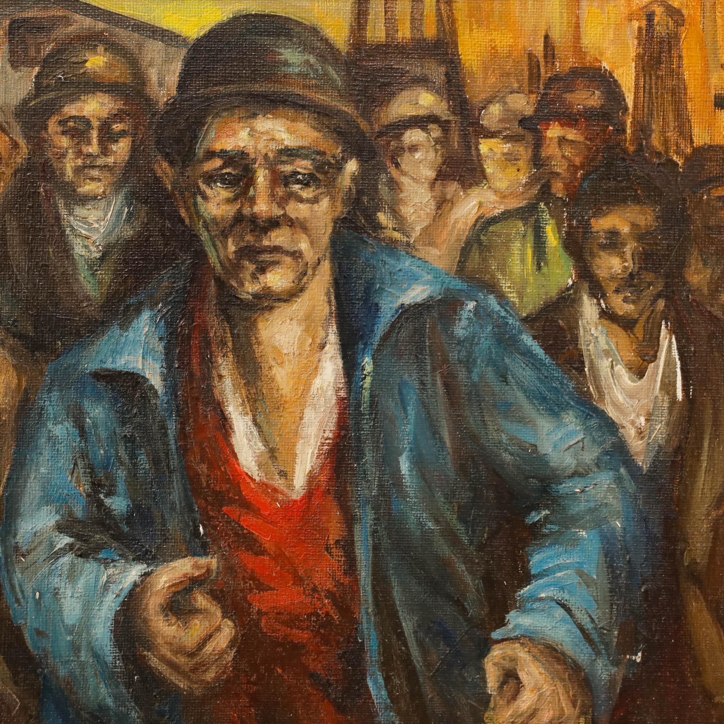 Scène saisissante montrant des travailleurs quittant un site industriel après avoir démonté leurs outils. L'artiste capture la scène dans des tons riches et terreux et dans un style impressionniste. Signé en bas à droite. Présenté dans un cadre doré