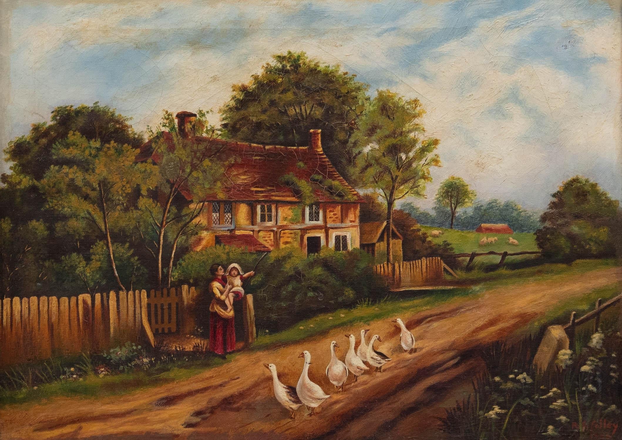 R. F. Colley  - 1904 Öl, Gänse bei der Hütte – Painting von Unknown