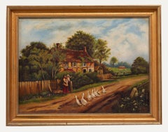 R. F. Colley  - 1904 Oil, Geese by the Cottage