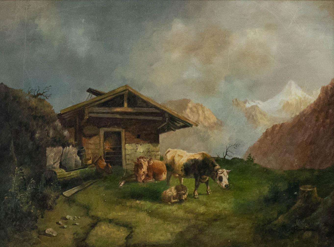 R. Forbes  - Early 20th Century Oil, Cattle in the Alps - Painting by Unknown