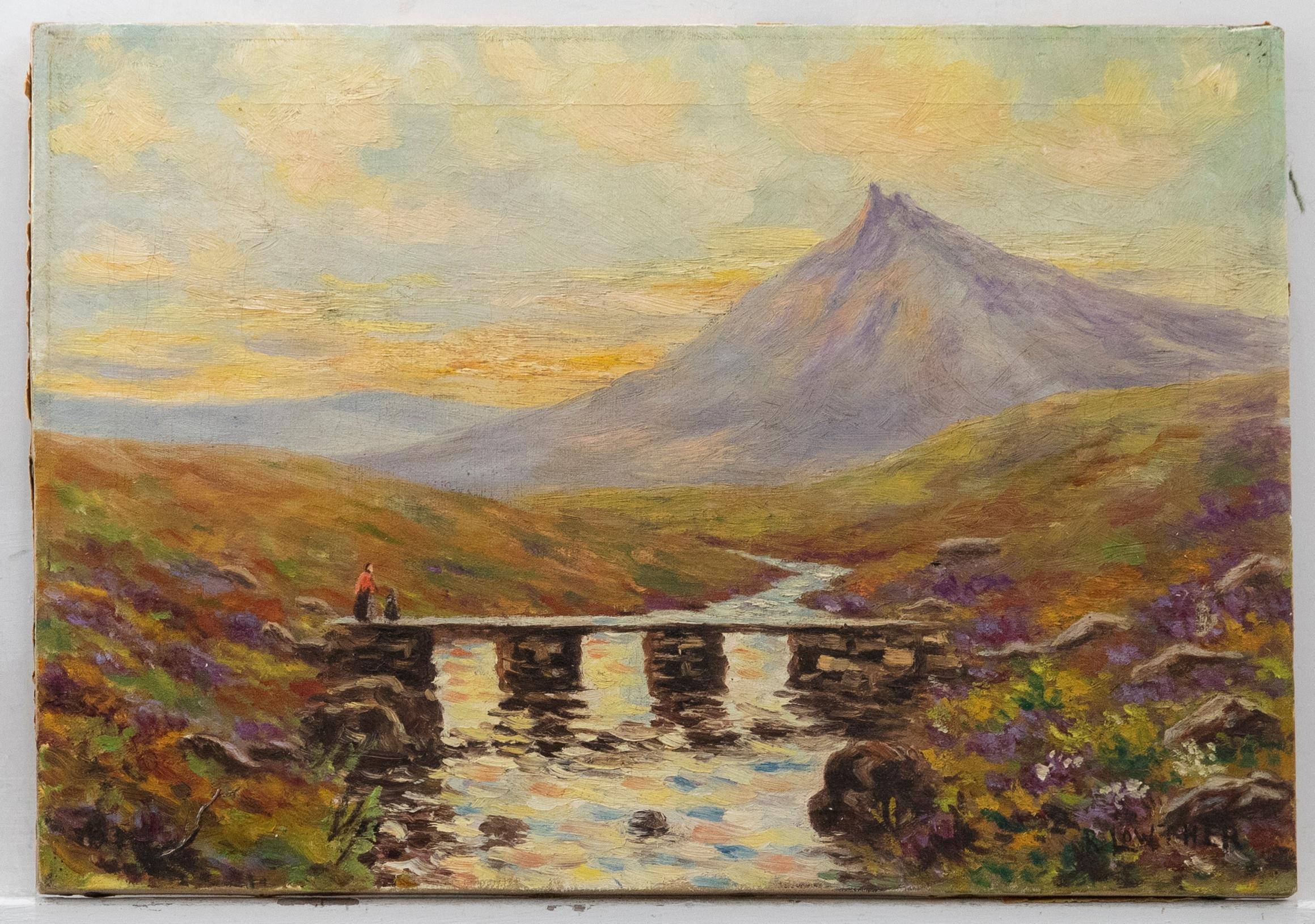 R. Lowther  - Early 20th Century Oil, Crossing the Mountain Bridge - Painting by Unknown