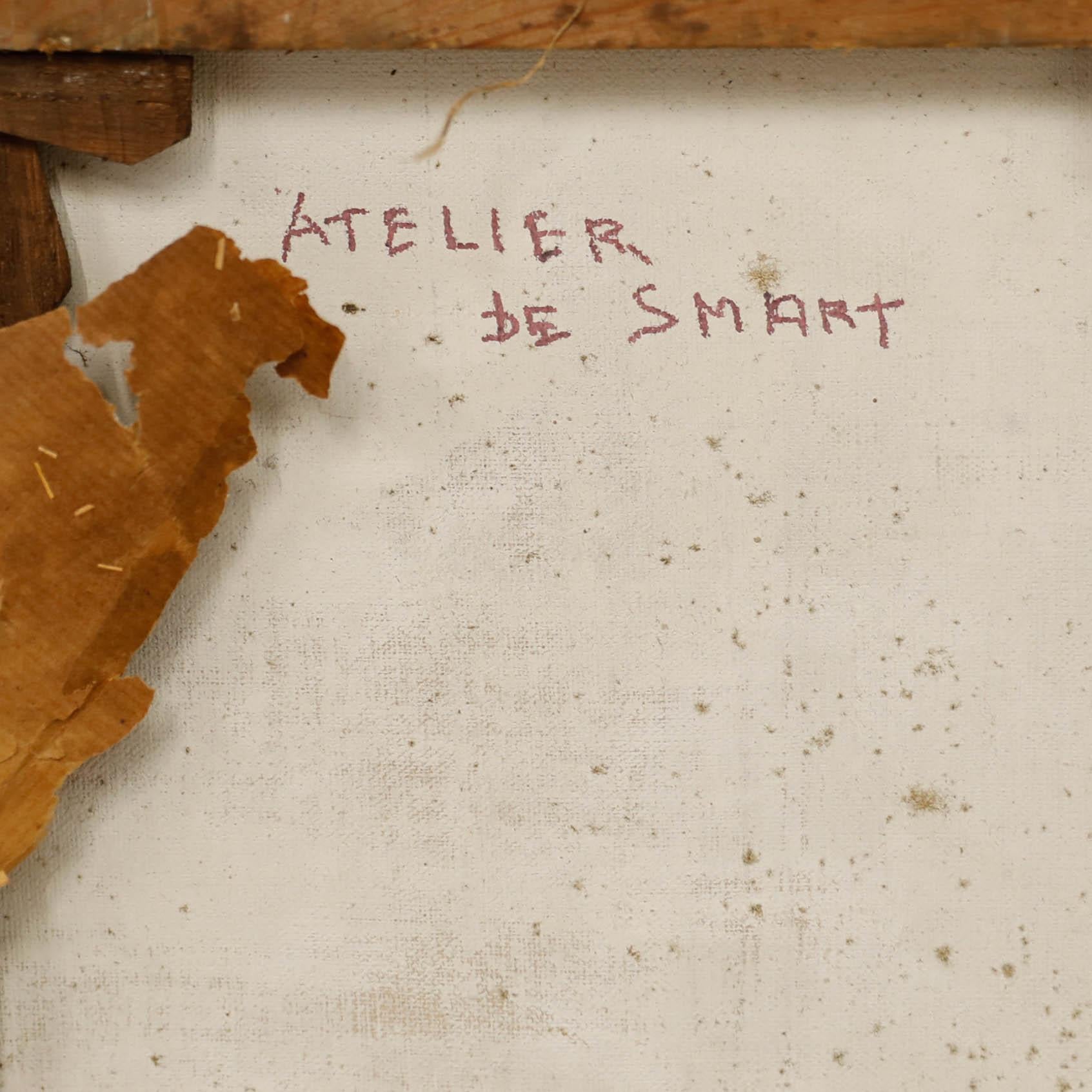 Charmante représentation d'un atelier rustique donnant sur un jardin clos. Signé en bas à droite. Présenté dans un cadre en bois peint. Sur toile.