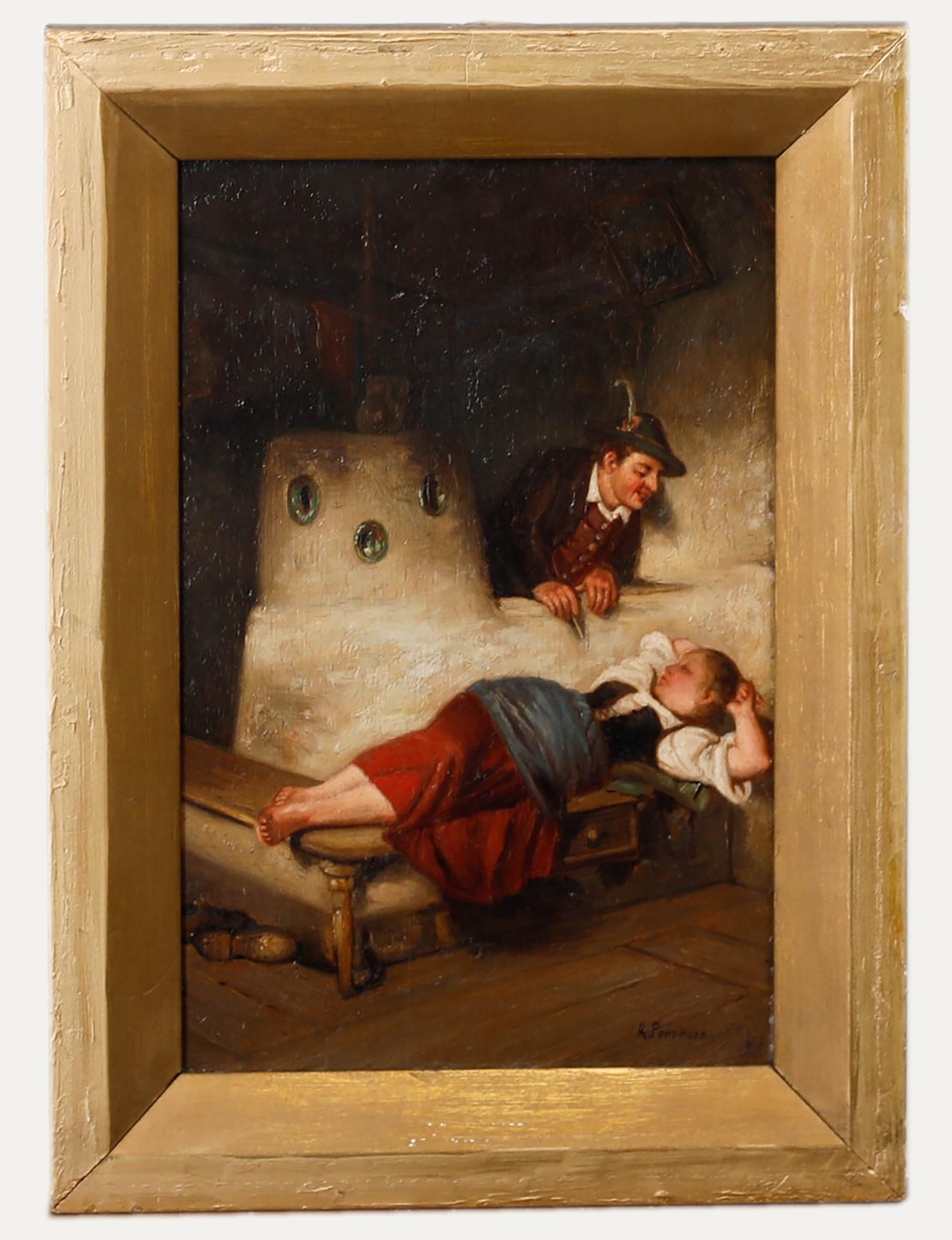 Figurative Painting di Unknown - R. Pennhard - Olio del XIX secolo, Donna che dorme