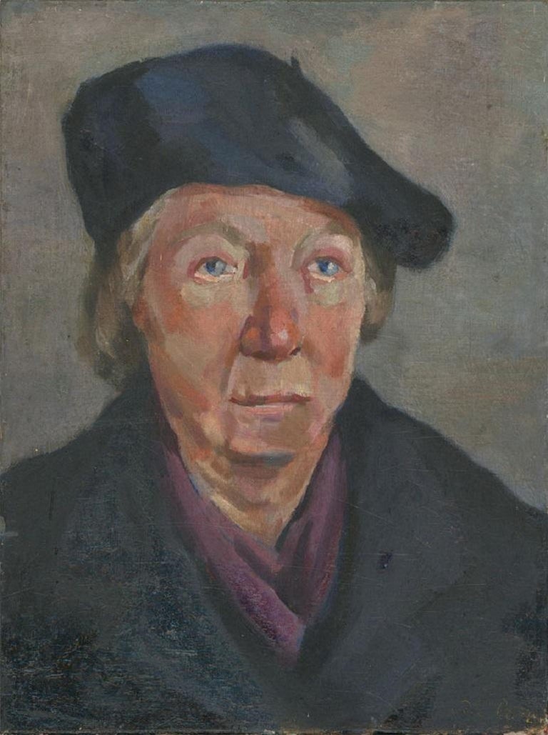 R. Peters - Mid 20th Century Oil, Portrait of a Woman in a Beret - Black Portrait Painting by Unknown
