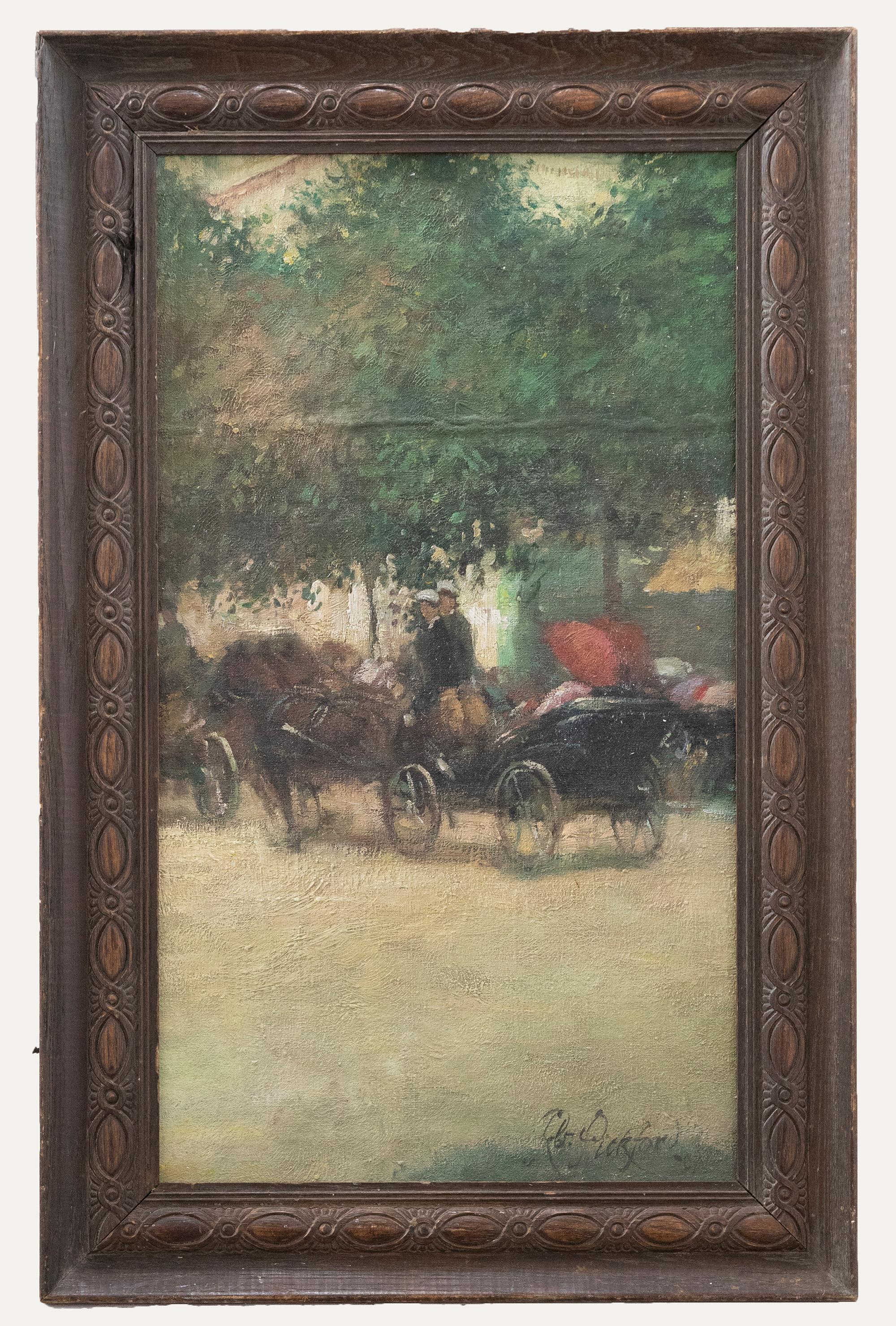 Unknown Landscape Painting – R. Pickford - 1907 Ölgemälde, Eine Kutschenfahrt