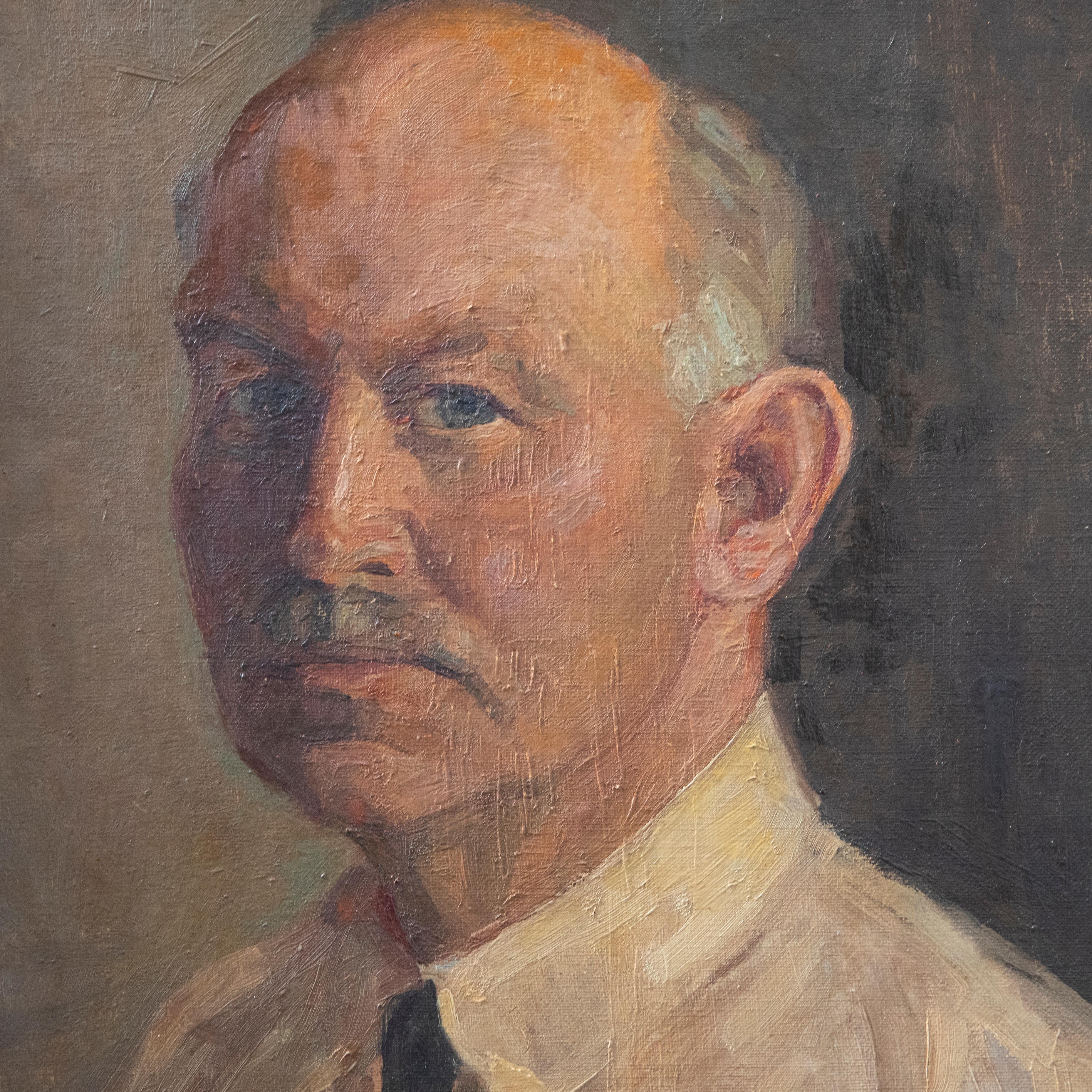 A fine 1937 oil portrait depicting a gentlemen with a mustache and tie, in a painterly style typical of the period. There is a modern inscription to the reverse reading 'Ringling of Ringling Bros Circus', however we have been unable to confirm this.