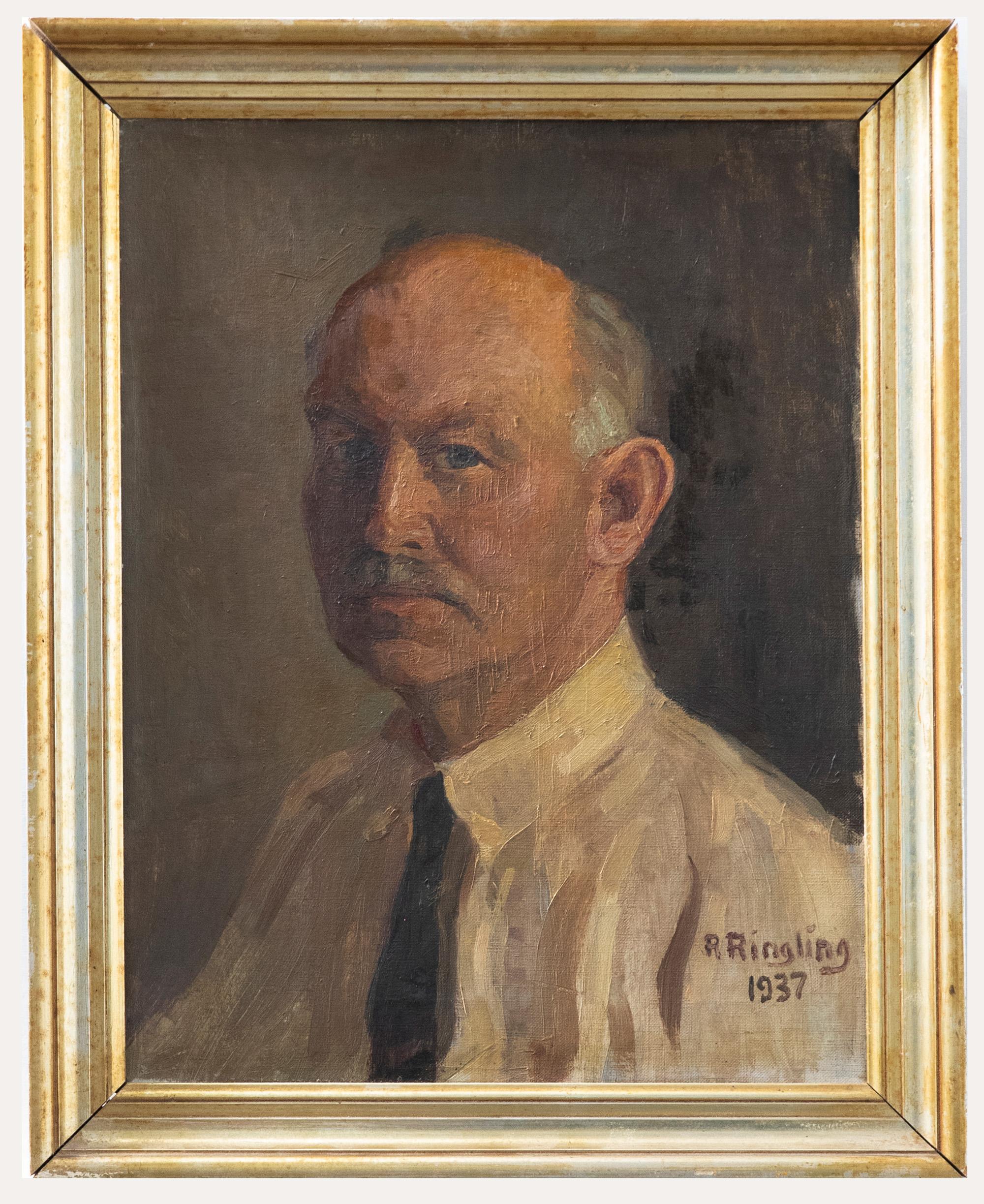 Unknown Portrait Painting - R. Ringling - 1937 Oil, Portrait of a Gentleman (Ringling Brothers)