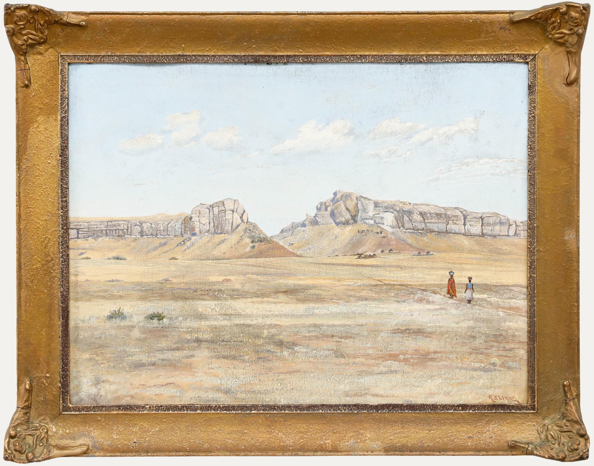 R. S. Wynne - Gerahmtes Ölgemälde, Figuren in einer Wüstenlandschaft, Mitte des 20. Jahrhunderts