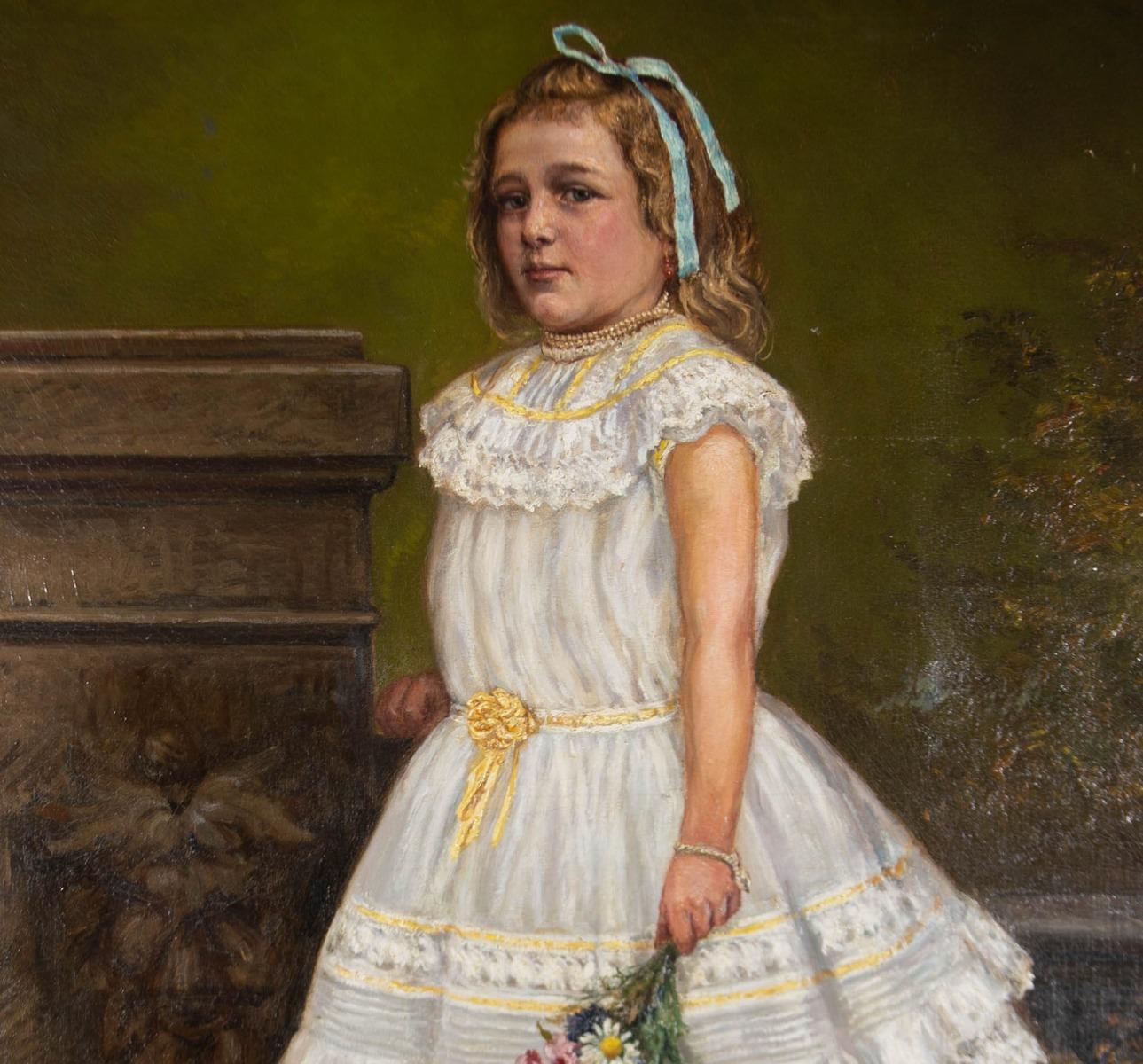 A fine oil of considerable size showing a young girl holding a bunch of flowers, wearing a white lace party dress with yellow trim and a blue ribbon in her blonde hair. The painting has been signed and dated in the lower left quadrant. The painting