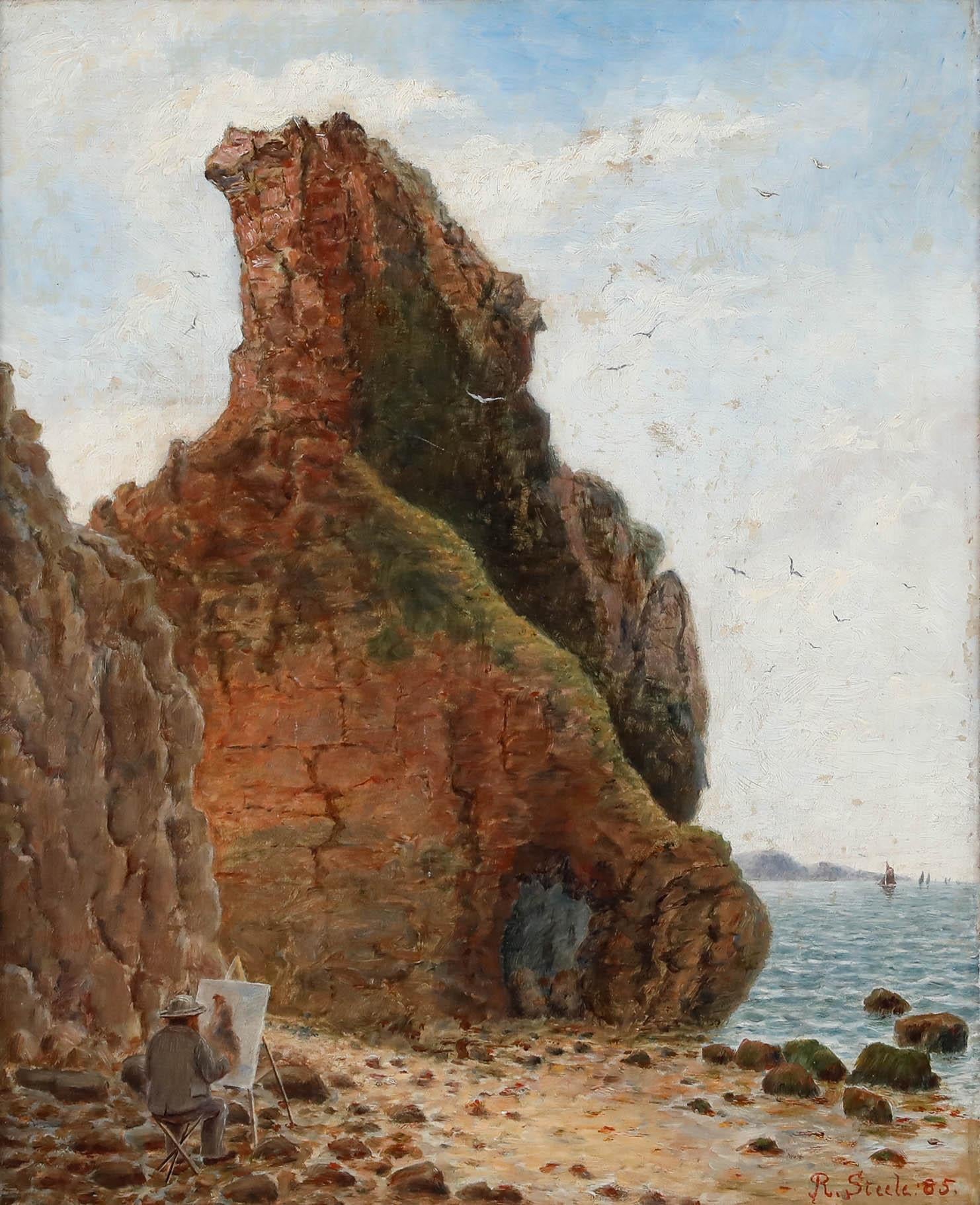 R. Steele - Gerahmtes Öl aus dem späten 19. Jahrhundert, Künstler inmitten der Klippen – Painting von Unknown