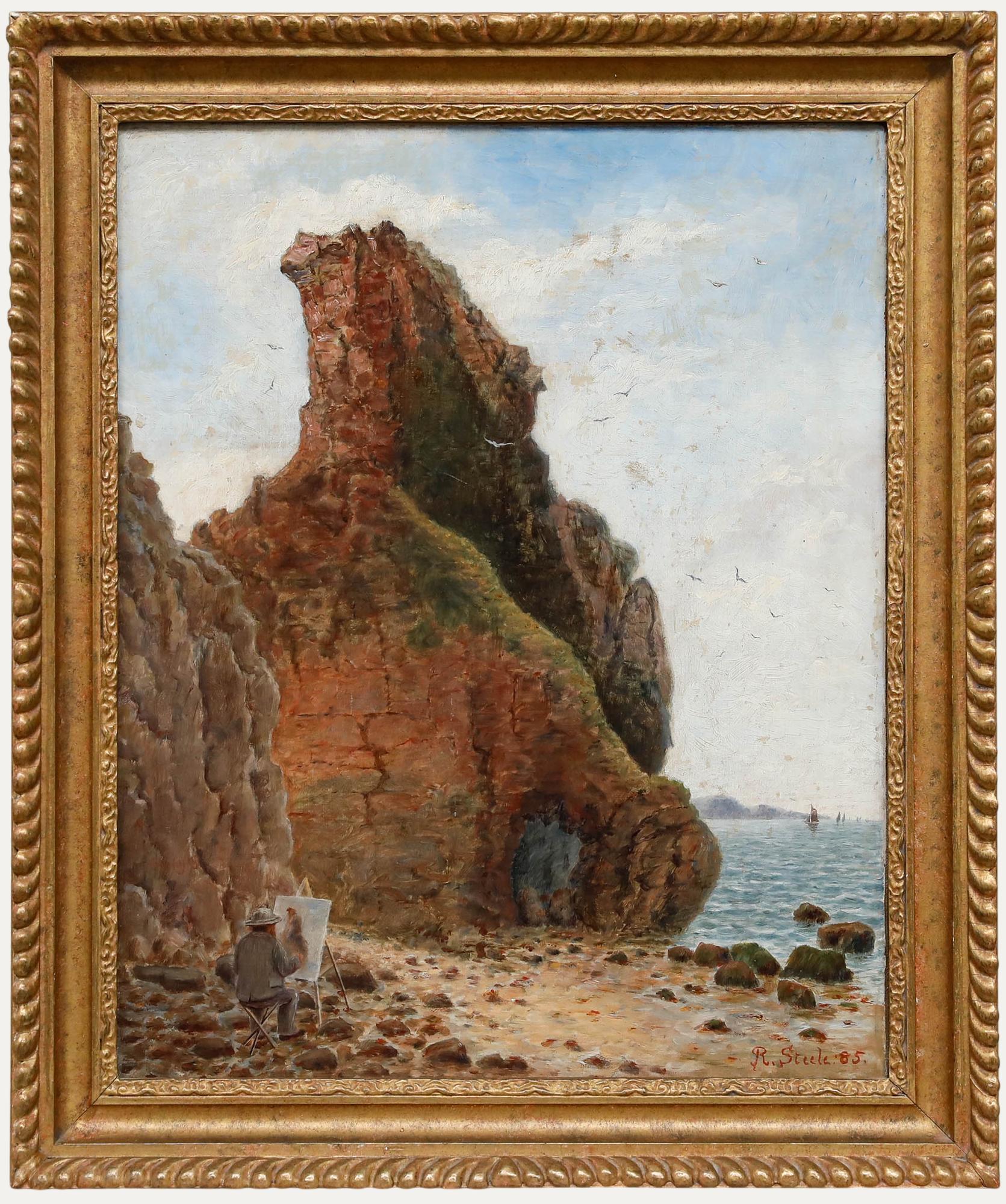 R. Steele - Huile encadrée de la fin du XIXe siècle, Artistics parmi les falaises