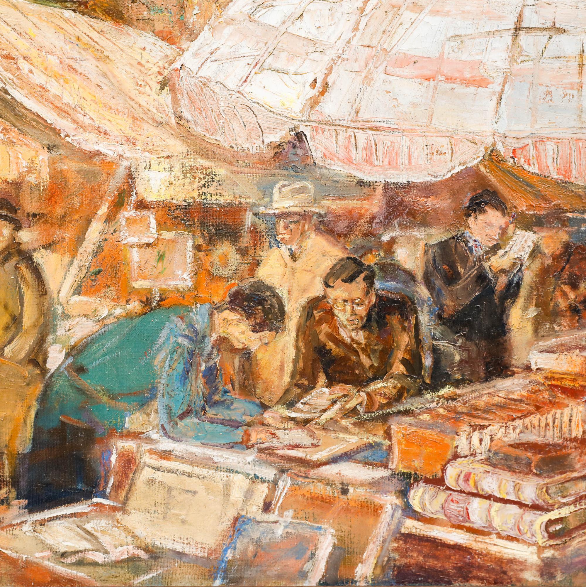 Une charmante vue représentant le Campo de Fiori à Rome, en Italie. La scène montre des personnages parcourant avidement les étals des marchés du livre et du vintage. L'artiste utilise un pinceau lâche et expressif ainsi qu'une riche palette