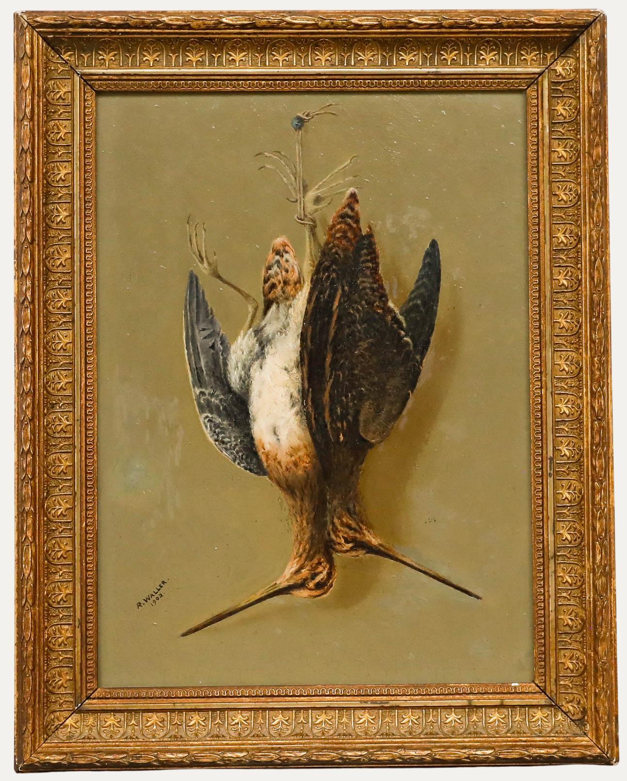 Still-Life Painting Unknown - R. Waller - Huile encadrée de 1902, Bécasse suspendue à un clou