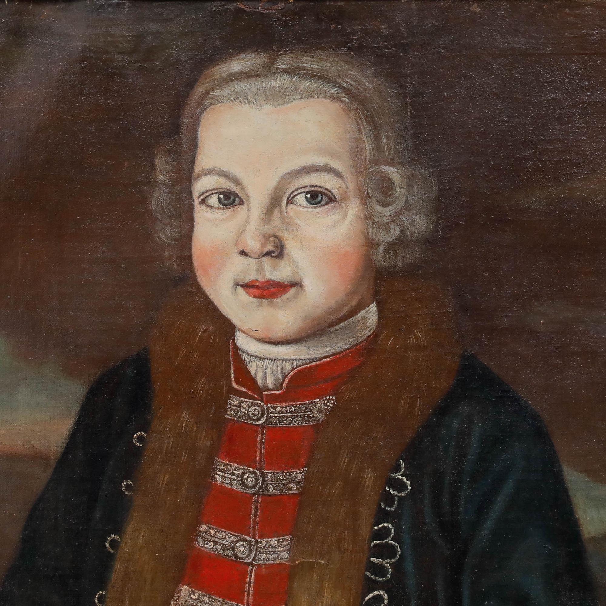 A fine portrait study dated 1737 portraying a young boy from a noble family bearing his first sword. Dressed in fine military-style clothing, he clutches a small sword in one hand and a hat in the other. In the background, men on horses can be seen