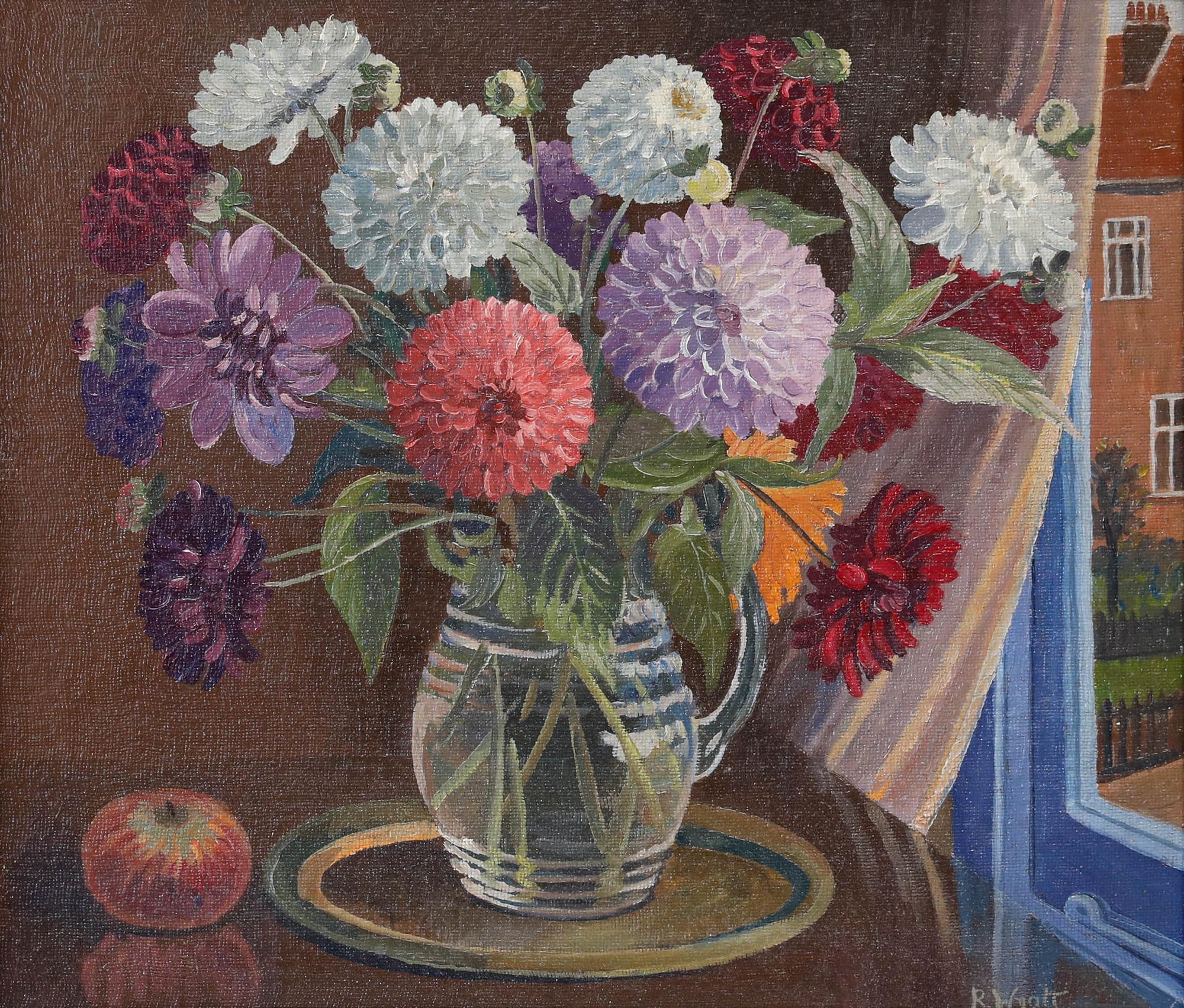 R. Wyatt  - 20th Century Oil, Dahlias by the Window - Painting by Unknown